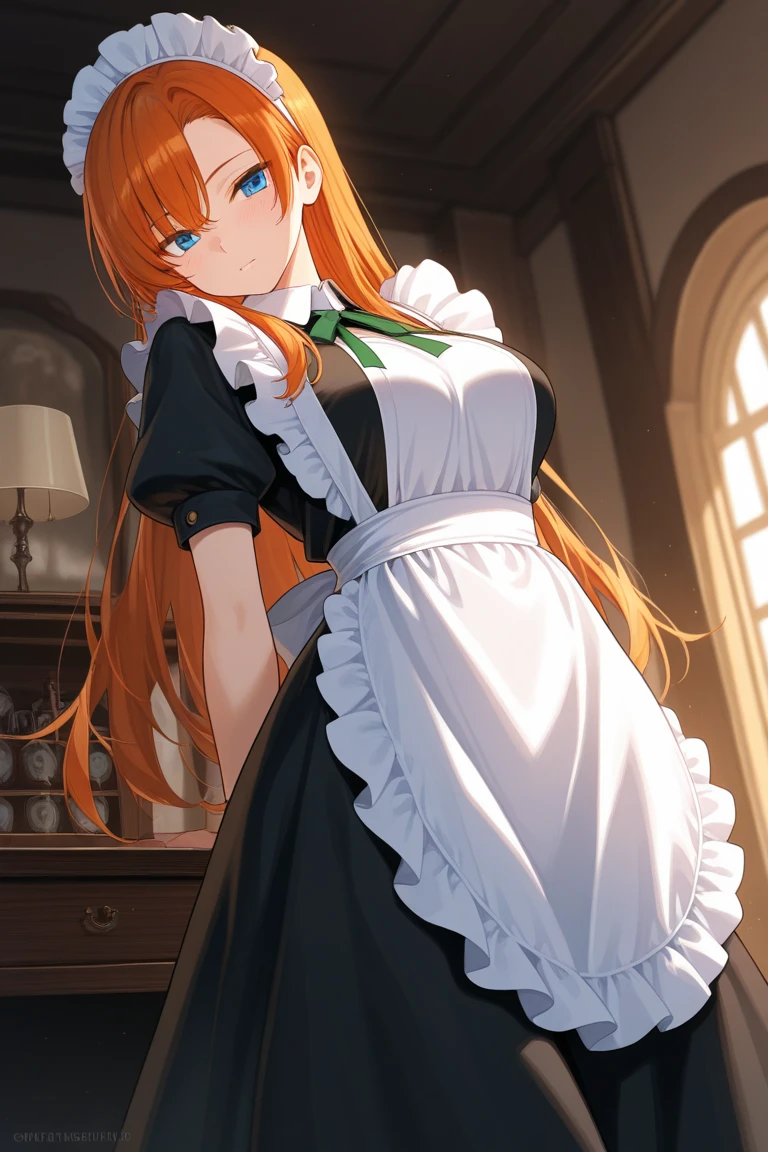 girl, orange hair, long hair, ponytail, green eyes, maid costume