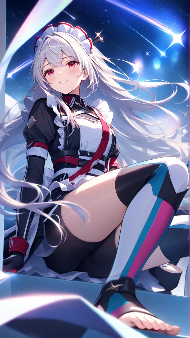 Meisterwerk, Best quality, mirkomha, Boku no hero academia, Hasen Ohren, Dunkle Haut, rote Augen, in armless, White gloves, Trikot mit hohem Beinausschnitt, (white hair, lange Haare), big , Pelzkragen, purple thighhighs, white leotard, EVIL SMILE, bedeckt