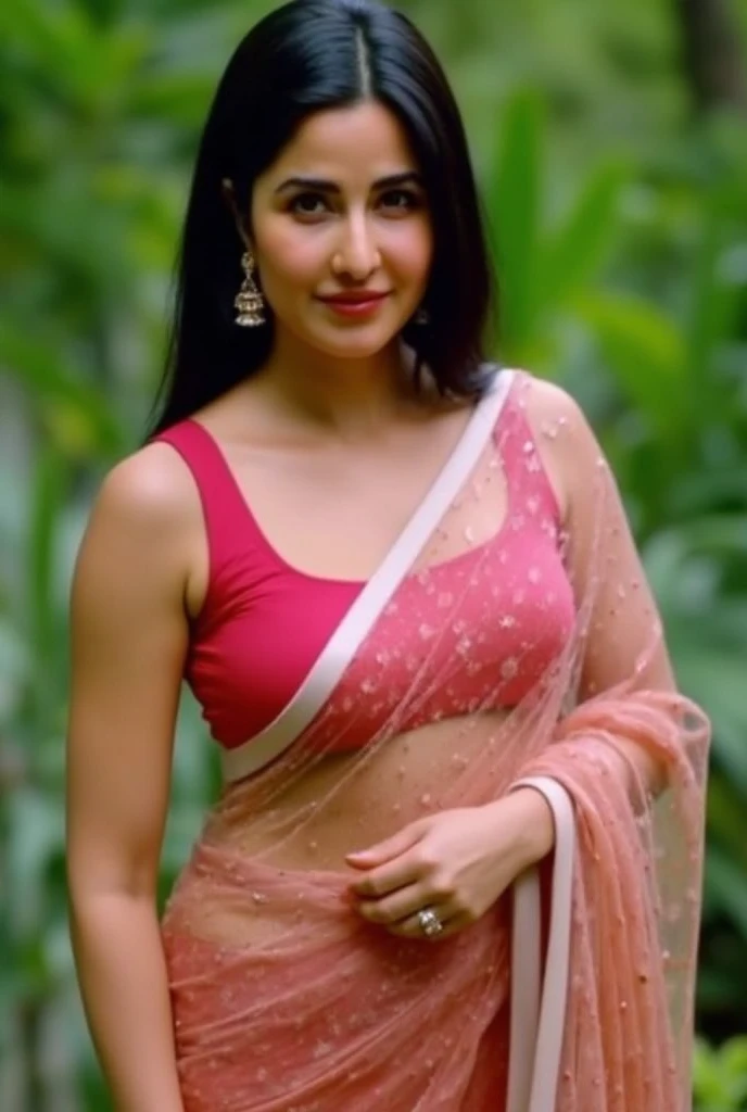 daytime view, close up shot of indian from batop view, wearing pink saree, squatting on ground, open your legs, looking to viewers, smile, forest background, big and curvy cheeks, hourglass figure, sexy navel, swooping breasts, ponytail, black hair, necklace, (cinematic:1.3) , intricate details, (ArtStation:1.2)