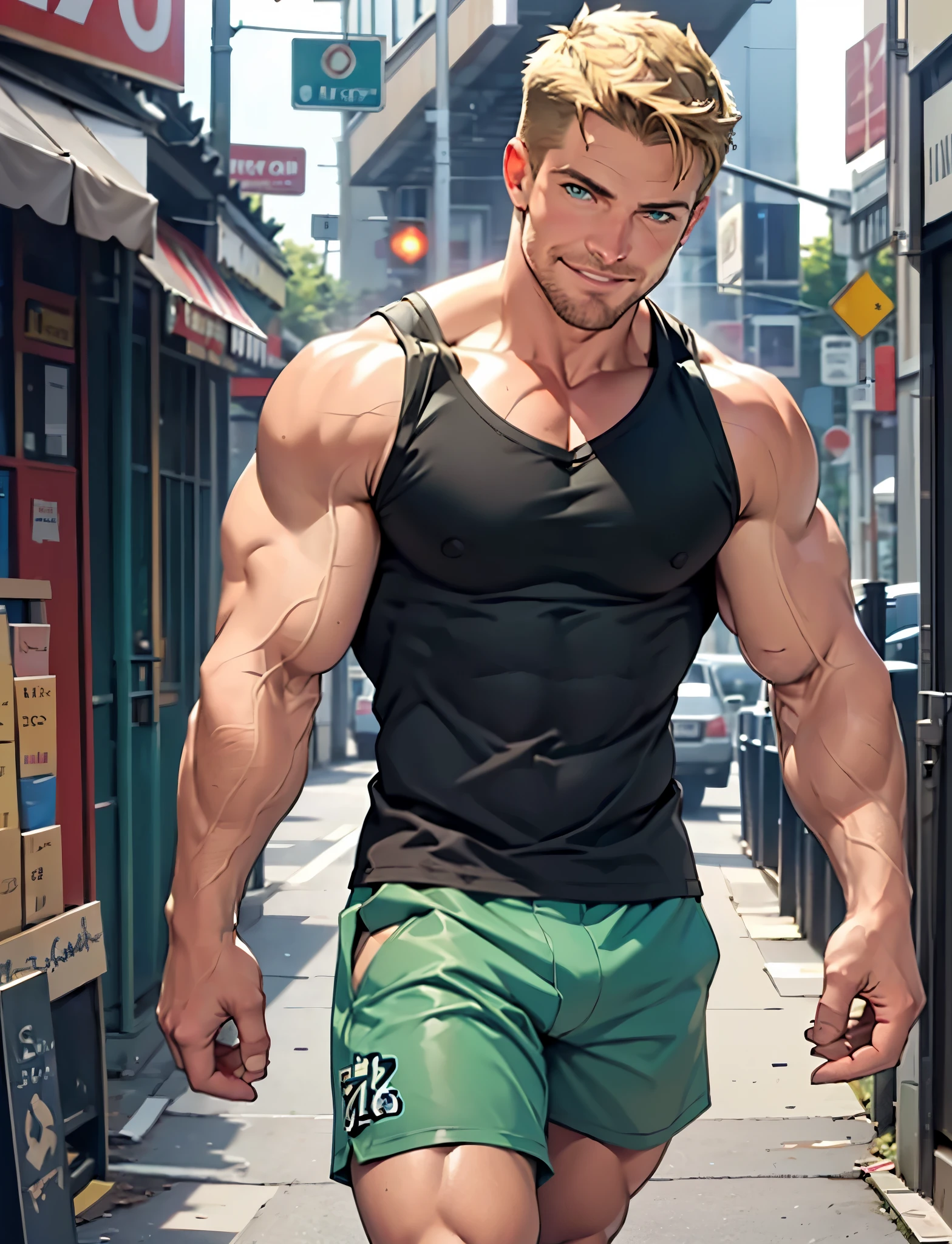 solo man, muscular and mature man, the hunk ((( Stephen AMELL over 45 years , mature man ))),((( perfect anatomy))),((( charming, attractive))), (((wearing casual shorts with sleevless top tank ))),(((blue green eyes))), (((short dark blond hair, dense dark blond facial hair give impression of a mature man, smiling happily))) , mysterious aura, volumetric lighting, depth of field, best quality, total body view