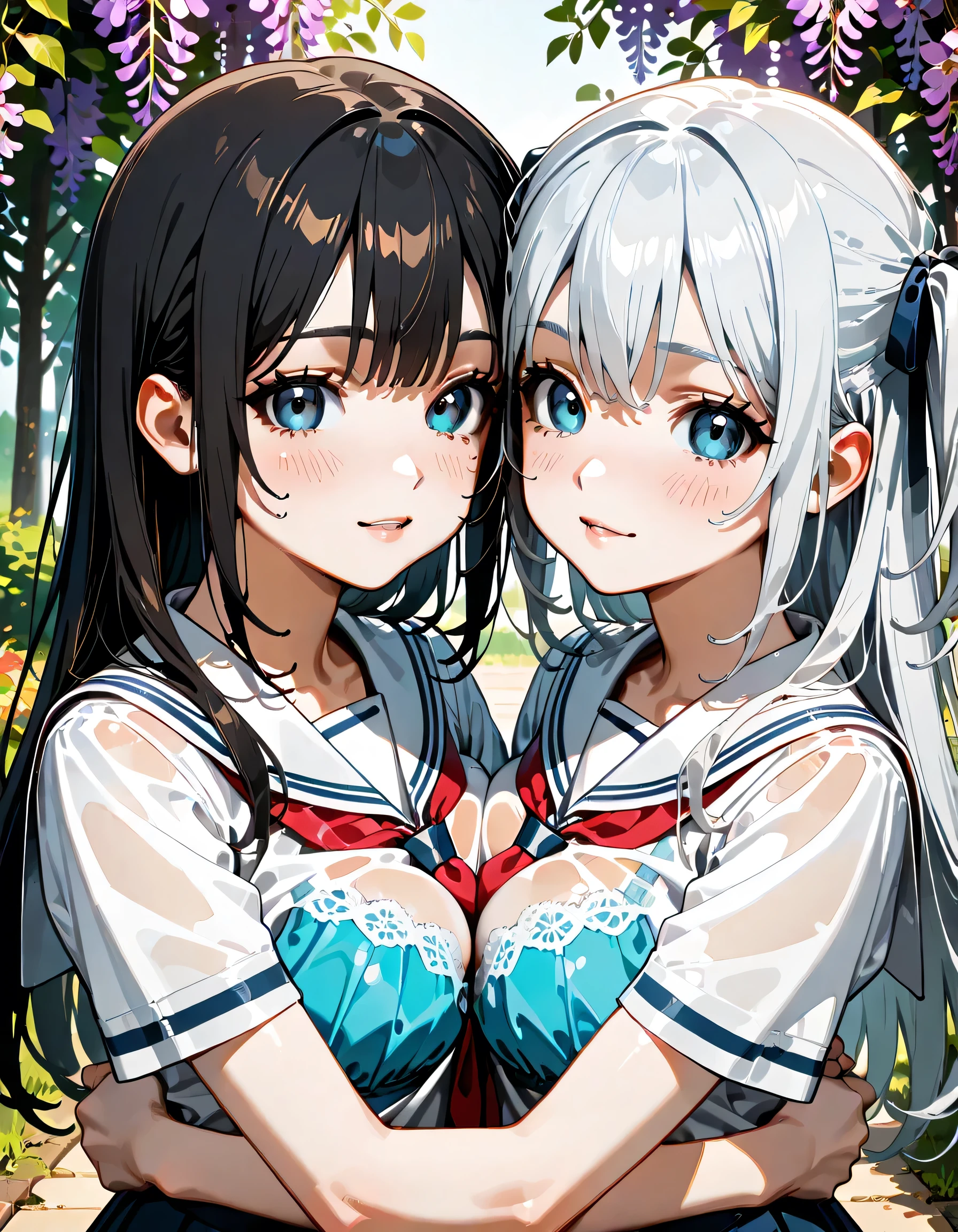 (score_9, score_8_up, score_7_up), source_Anime, absurd_res, white, blue, black, 2girls, duo, upper body, super fine illustration, an extremely delicate and beautiful, best quality, masterpiece, 8K, spring setting, wisteria flowers, gentle breeze, sunlight filtering through trees, BREAK
left girl is(long silver hair:1.3, two side-up:1.2, blue eyes:1.2, hair ribbon with black, ample breasts, white sailor school uniform:1.3, red tie, blue bra underneath see-through the top of the clothes:1.3, wet clothes, wet body:1.3, ultra-beautiful girl), BREAK
right girl is(long black hair:1.3, half updo:1.3, brown eyes:1.2, wearing glasses:1.3, round eyewear:1.3, round_glasses22A:1.3, hair ribbon with light blue, ample breasts, white sailor school uniform:1.3, red tie, pink bra underneath see-through the top of the clothes:1.3, wet clothes, wet body:1.3, ultra-beautiful girl), BREAK
fluttering hair, blushing faces, surprised expression, embarrassed reaction, yuri:1.3, after kiss1.3, face-to-face:1.3 mutual hug:1.3, breast press:1.3, dynamic pose, soft fabric movement, fluttering petals, warm and bright atmosphere, soft lighting, delicate color palette, detailed clothing folds, flowing hair, lively spring vibe, highly detailed rendering, breathtaking composition,