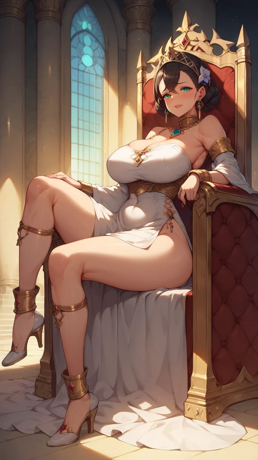 a voluptuous sexy busty mother who is insanely and extremely sexy cute pretty voluptuous beautiful pretty curvy busty hot sexy with an extremely shiny glass SNOW FAIR WHITE LUSH SILKY smooth lush plump glass glowing skin and perfect round cleavage and her INSANE tight perfect hourglass figure, her wide soft hips, and her skinny lush soft plump arms and her big soft plump perfect round thick BIG ass with her bright SNOW FAIR LUSH plump round cleavage and her glowing fair shoulders along with her shiny GOLD long YELLOW BLONDE hair untangled and open hiding one of her eyes with her extremely insanely god tier cute irresistible smile kind gentle look on her charming pretty face with her big shiny bright stunning blue eyes and her shiny black eyelashes and her two bright pink blushes and her bright pink puffy lips on her face and her pink shiny nails, looking at the viewer. The woman has no wrinkles, no tattoos, no signs of anything that's not unattractive but just raw god's given absolute irresistible other-worldly god-tier beauty possessing the most irresistible charm and beauty in all of mankind's history and future as she's the peak and epitome of a woman's elegance and feminine and her insane, impossible, and unimaginable levels of beauty the woman has, the woman stands straight in an alluring sexy feminine pose with her shiny yellow high heels along with a red ribbon and small stars and a piece of small jewelry hanging on her hair with a piece of golden jewelry on her smooth lush snow fair clean tender soft smooth neck and gold bangles on her wrist and gold anklets with small bells on her two feet and gold earrings on her lush fair white fair ears and a gold belt on waist, flowers on hair, standing, eyes wide open, show full body, she's wearing a white floral short loose revealing dress with threads and yellow heels , tons of shiny jewelry, standing, BIG MANSION DOOR IN THE BACKGROUND