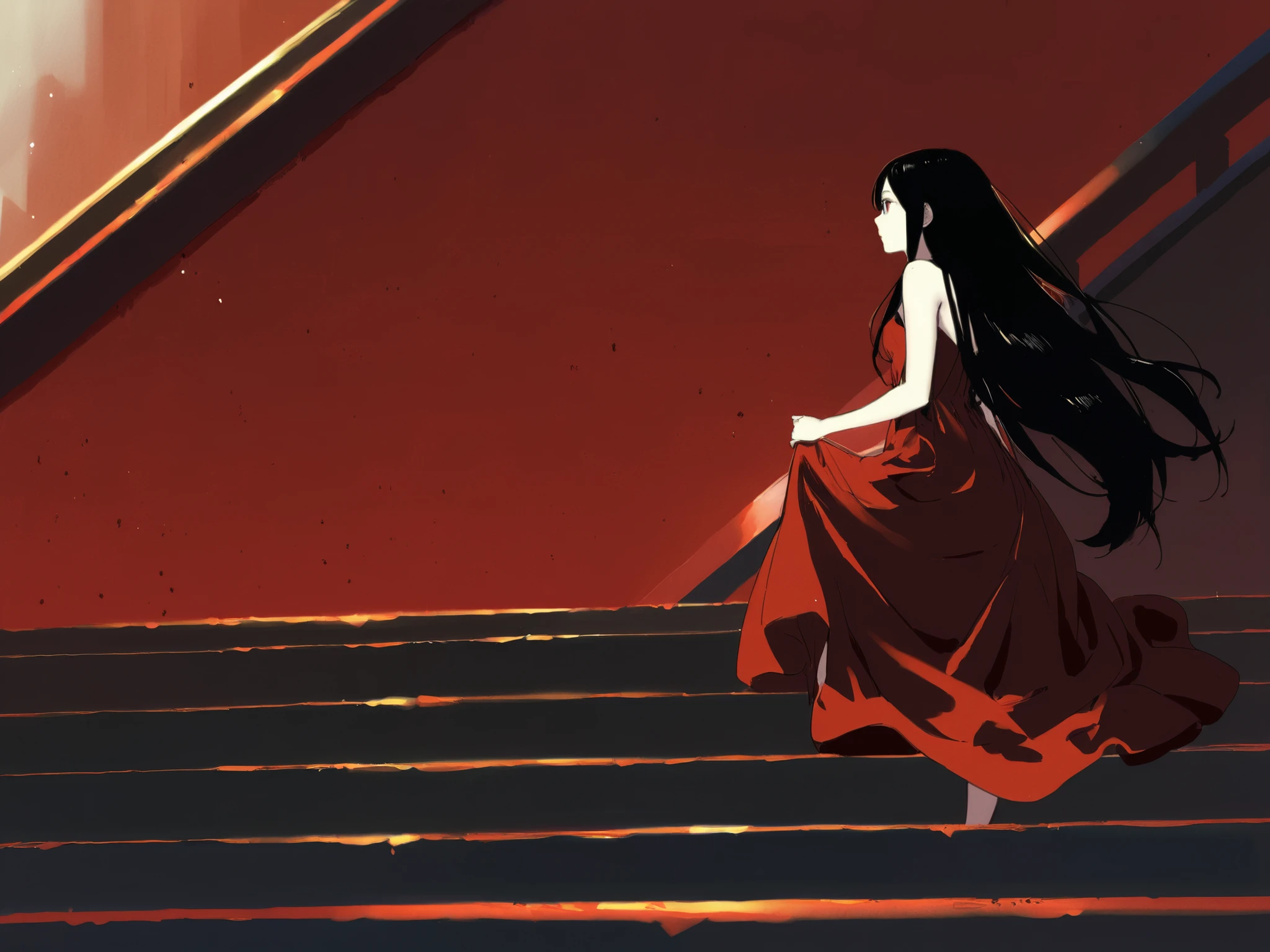 She is climbing stairs,  Girl with long black hair , short and pompous dress in red, fair skin, She is beautiful. all from a third person view, the stairs and the girl looks in profile,  The dress is short ,  it reaches the knees . one more view from the side, as if you could see her profile 