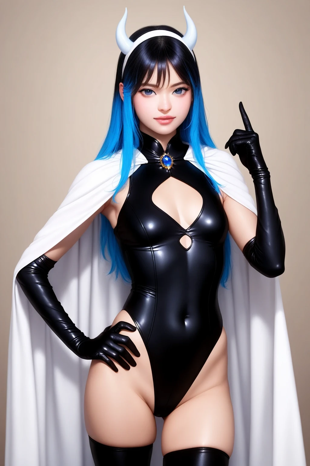 Cinematic film still, Ancient, Low angle shot, Ansel Adams style, Elegant girl with a hairband, wearing a leotard and cape, her blue hair flowing, multicolored eyes gleaming, vision of Genshin Impact,vision \(genshin impact\), long sleeves and gloves, side locks framing her face, black thighhighs, standing proudly, Ruins of an ancient city, vast space around her, symmetrical composition, Soft natural lighting, Canon camera, 85mm lens, F2.8 aperture.