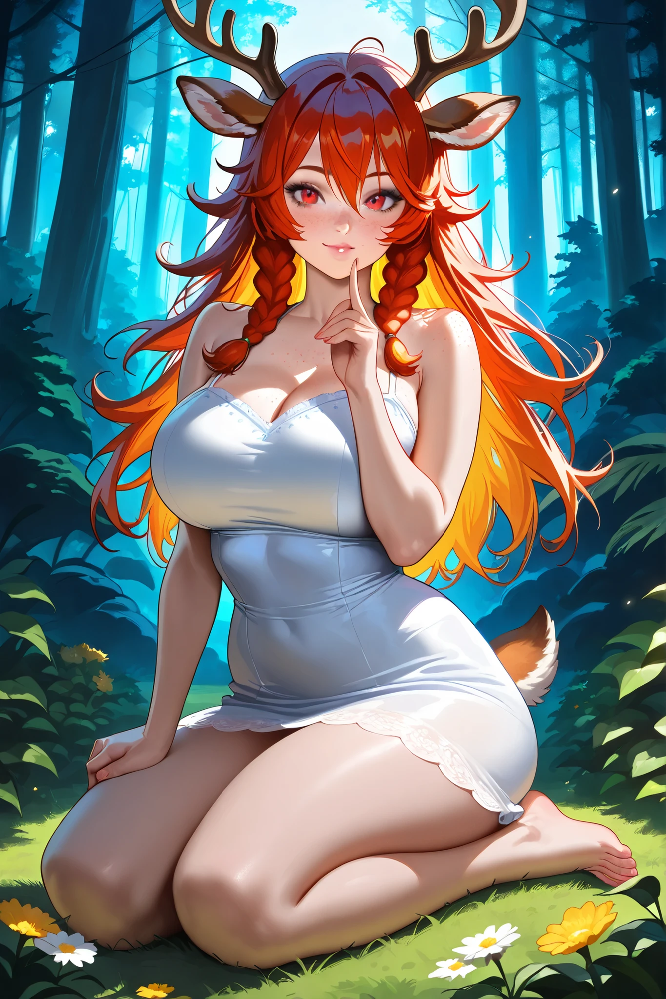 (tangobat:0.7),(Sakimichan:0.7),(High CT quality,4k,High resolution,main piece:2.3),(Very detailed,Realistic:1.37,Best quality,masterpiece, high resolution,on_body), (Tyndall effect,photorealistic, Edge lighting, Two-color lighting),(high definition skin:2.3), (8K UHD, DSLR quality, soft lighting, high quality, surround lighting, sincere, de 8K , 4K, 8K.) 
a female dryad. She is tall, has huge breasts, wide hips and long legs. Red eyes. She has tanned skin covered with freckles. She has earth-length ginger-red kinky hair,some strands of hair are braided into sparse braids. She has deer ears and a deer tail. On her head she has branching deer antlers covered with oak leaves. She is wearing a white sundress embroidered with red threads. She's barefoot. On the background : sunny evergreen forest, blooming wildflowers grow all around. 