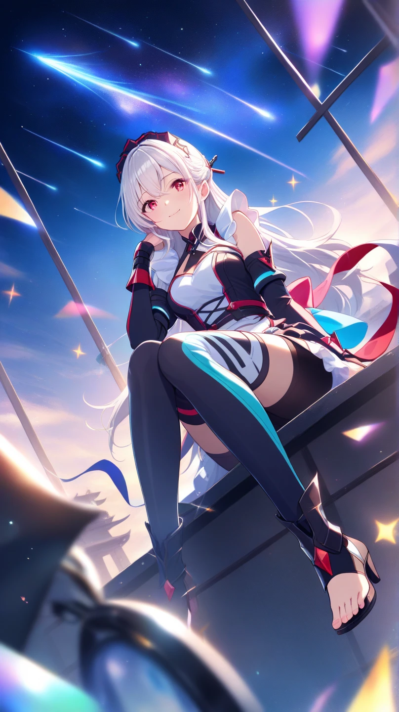 Girl with long white hair falling in the sky, manga page with panels and dialogue