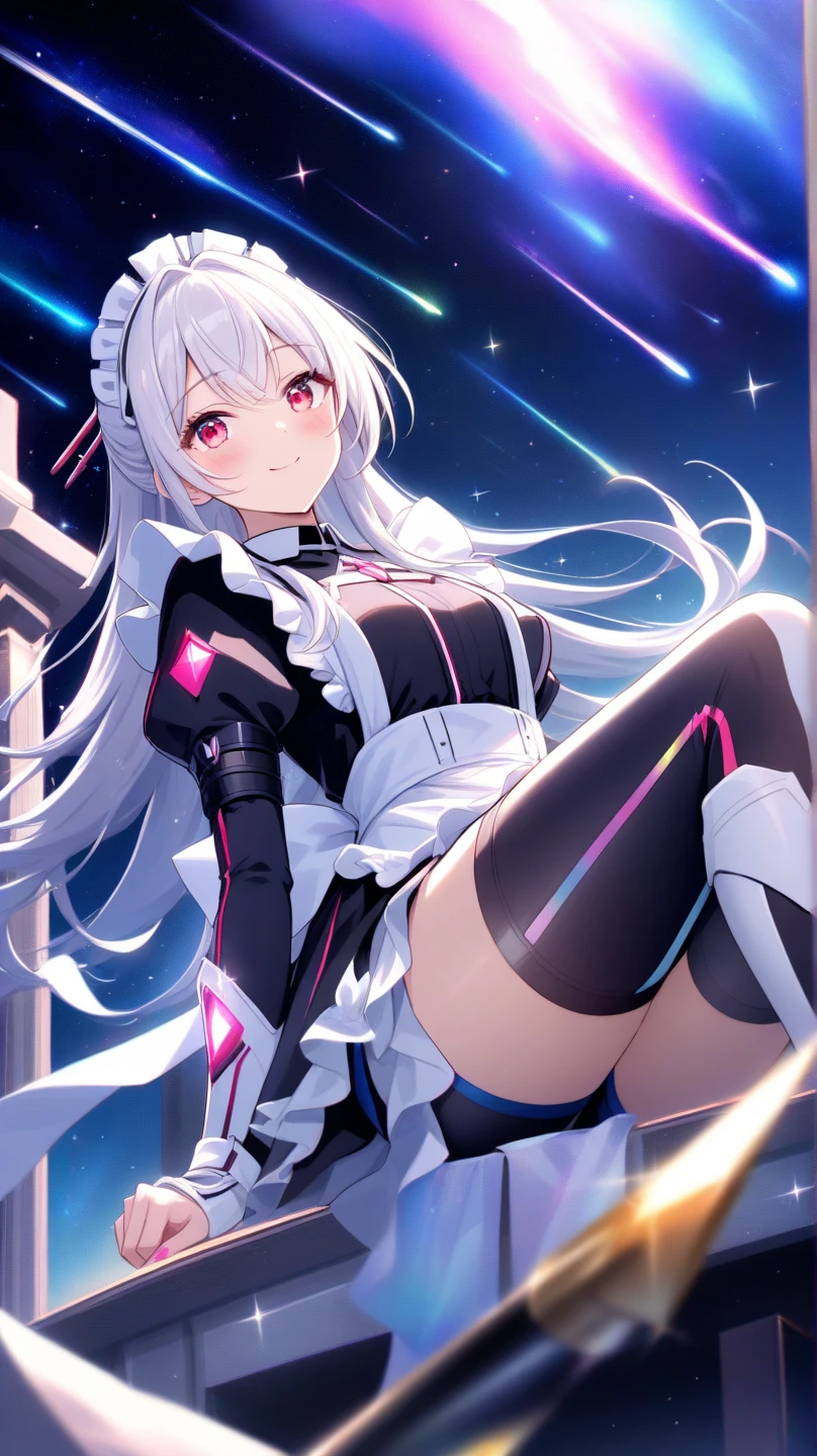(Hyper Extreme Detail), (Masterpiece), (Hyper Extreme), (Photorealistic), CG, (Color: 1.2), 1 Girl, Solo, Haruka Takamori, Pink Eyes, Blue Hair, White Hair Band, Magical Girl, Blue Costume, White Thighs, White Skirt, Moderate Breasts, Watch Viewer, Rain, Sky, Ruins, Burning City, Cyberpunk