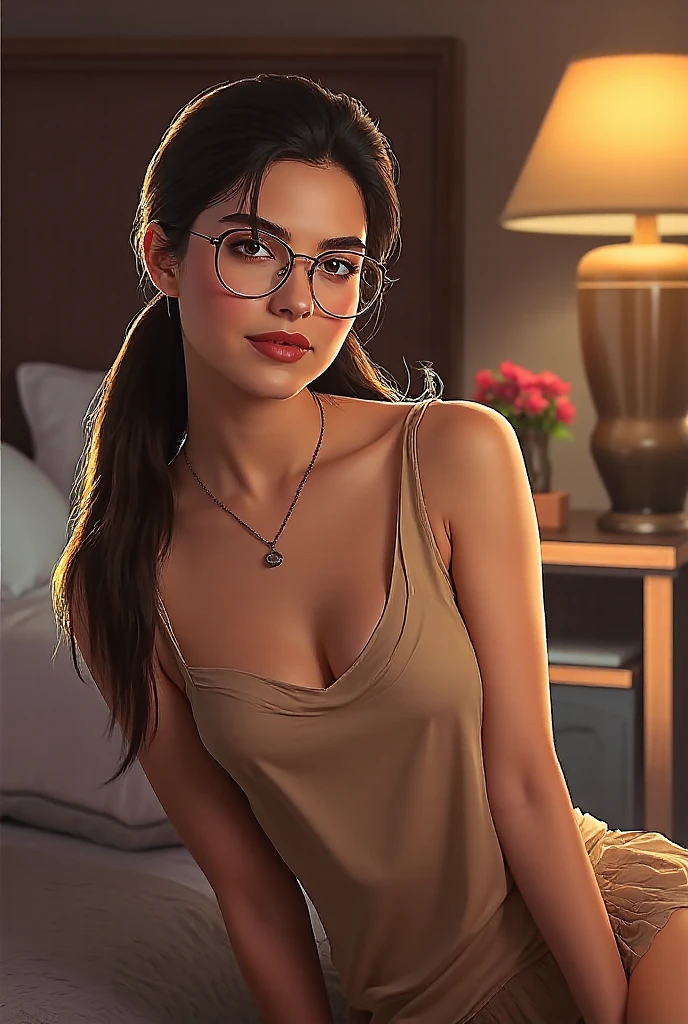 A Brazilian woman with a round face with medium black hair with blonde tips with round cat-eye glasses big brown eyes with a branch tattoo on her arm in a mansion, brown with a white short-sleeved blouse and wide-legged pants  