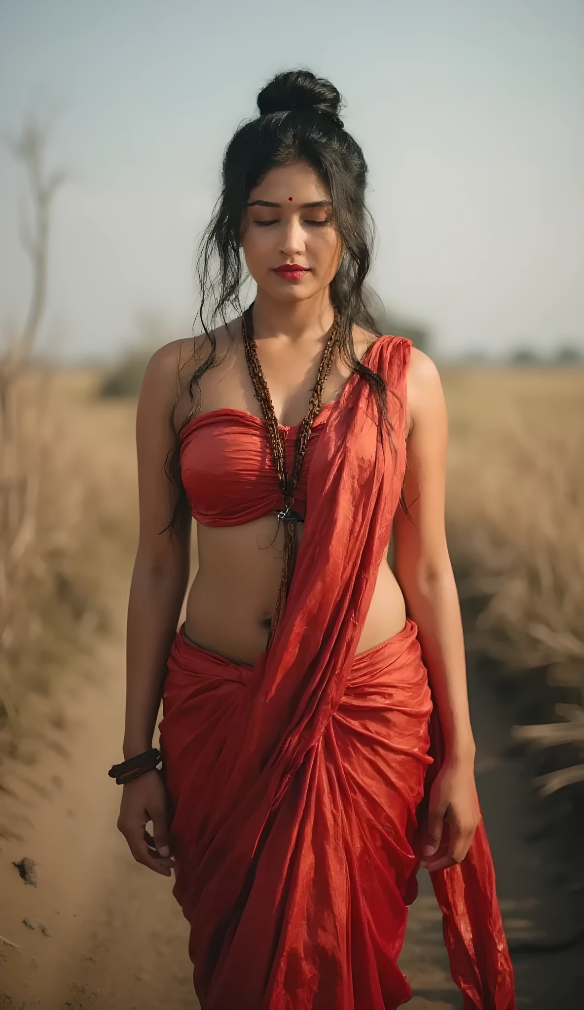 Long distance arial shoot, Bright sunlight, hair bun, Indian monk girl, at a distance wearing red shiny metallic vibrant iridescent strapless twisted mini tube bandeau in middle of field, wearing brown Rudraksh prayer beads, monk beads necklace, barefoot, leaning on her left, dead tree branches, clear sky, shiny oiled skin, sweaty skin, chubby cheeks, thick arms, navel, busty curvy and hourglass figure, very big breast, sunlight on face, detailed skin, short hair bangs, sweet face, detailed skin texture, freckles, acne marks, depths of field, cinematic, 8k, canon 5d, raw photo, film gain, red bindi, Indian housewife, very descriptive look, shoot from distance, full body photo, slight thighs