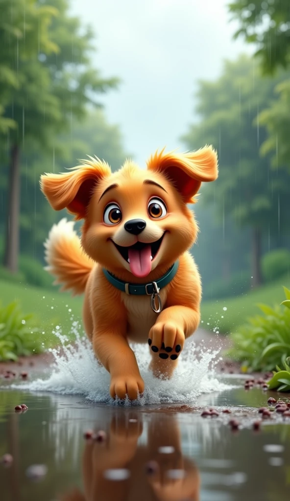 Dog playing in the rain