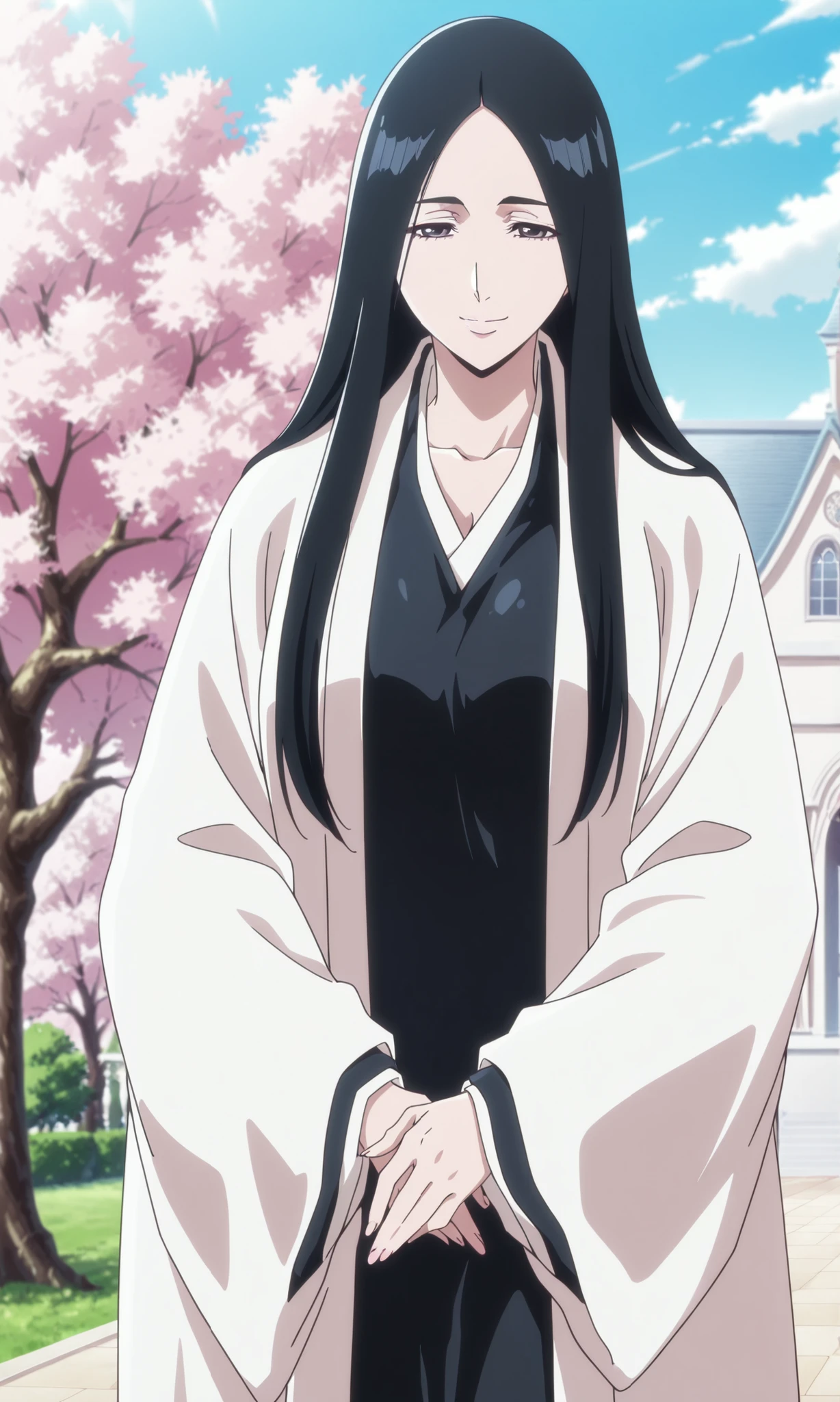 anime coloring, anime screenshot, masterpiece, best quality, amazing quality, detailed face, perfect fingers,
outside an elegant mansion, cherry blossom tree, blue sky, retsu_Unohana, 1 girl, breasts, alone, closed mouth, cowboy shot, smile,