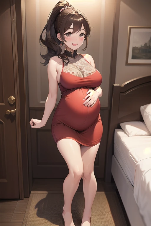 Young beautiful pregnant woman，Sexy，Face red，Short brown hair，Wave hairstyle，lipstick，Smile，Big breasts，cleavage，Bedroom，Sunlight，Blue lace suspender maternity dress，Glasses，full，nipple
