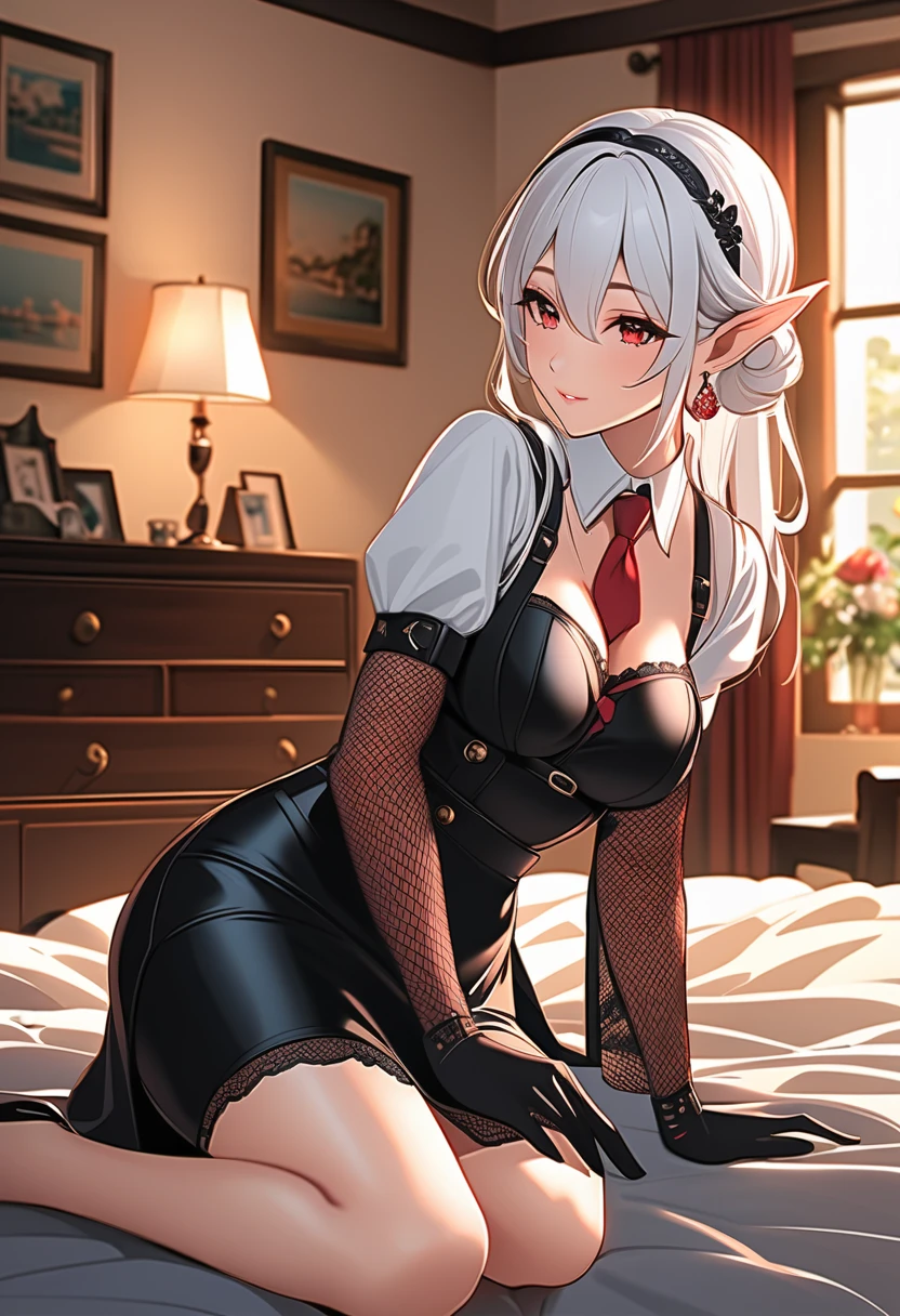 4D、Elven Woman,(((blacks))),36-years old,(8K picture quality、high-detail、masterpiece、ultra-definition),(Sit on the sofa),(Poop sitting),Ray traching、a blond、a blond、white hair、long、((Black skin))、high-detail skin、(scarface),Slit skirt,a miniskirt,(open one's legs),maid clothes