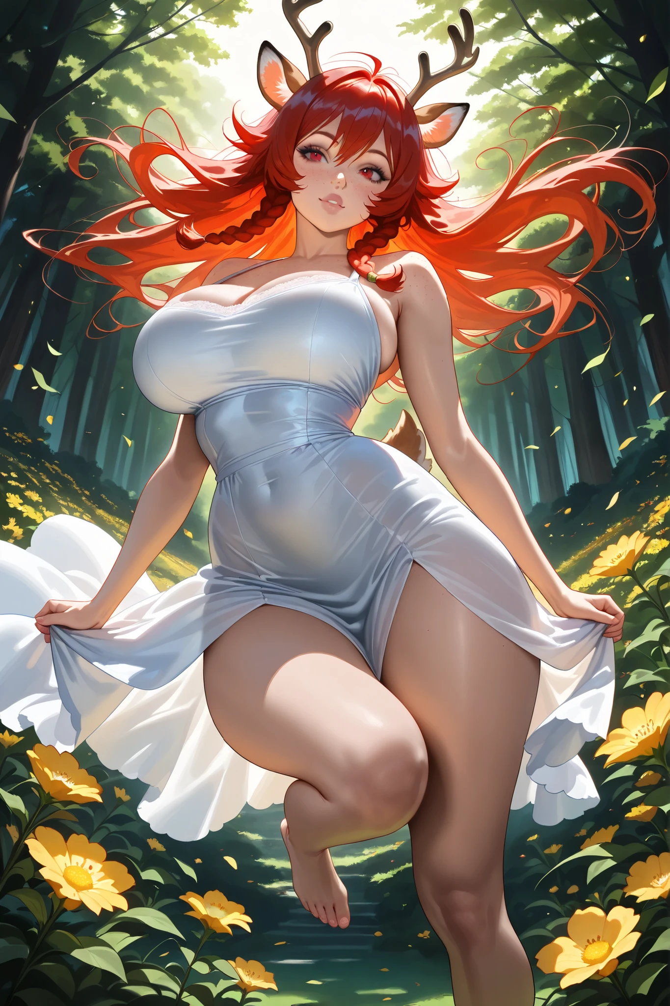 (tangobat:0.7),(Sakimichan:0.7),(High CT quality,4k,High resolution,main piece:2.3),(Very detailed,Realistic:1.37,Best quality,masterpiece, high resolution,on_body), (Tyndall effect,photorealistic, Edge lighting, Two-color lighting),(high definition skin:2.3), (8K UHD, DSLR quality, soft lighting, high quality, surround lighting, sincere, de 8K , 4K, 8K.)
a female dryad. She is tall, has huge breasts, wide hips and long legs. Red eyes. She has tanned skin covered with freckles. She has earth-length ginger-red kinky hair,some strands of hair are braided into sparse braids. She has deer ears and a deer tail. On her head she has branching deer antlers covered with oak leaves. She is wearing a white sundress embroidered with red threads. She's barefoot. On the background : sunny evergreen forest, blooming wildflowers grow all around.