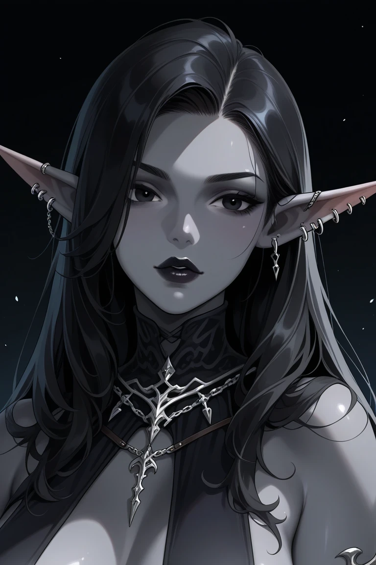 (masterpiece), (best quality),(portrait),(bust up),1girl,solo,(sharp focus),(look at viewer),elf, (white skin),black hair,(elf lady) ,adult,purple eyes,,(ancient:1),ancient luxurious long clothes,old school fantasy art,((simple background)),super shiny face,Ultra Glossy Skin