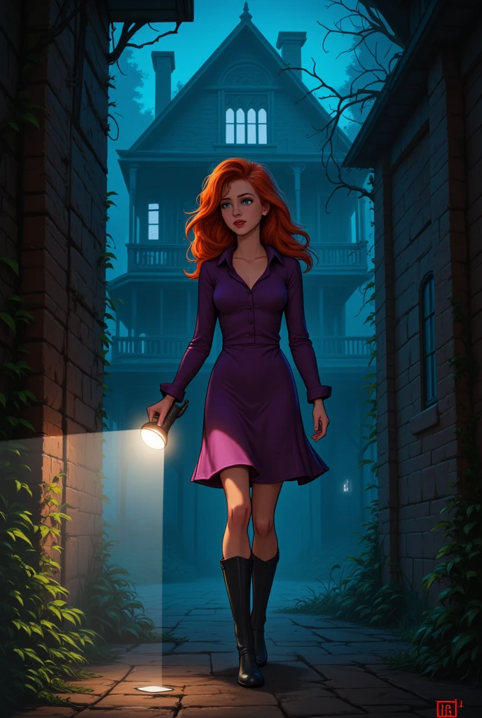 (Henry Fuseli:1.36) watercolor charming character of a cartoon Karen Gillan like as Amy Pond, girl on road, Grass along the edges, shiny eyes and Snub nose, spreads hands action pose, dark sky-blue and orange, (tardis:1.25) on background
