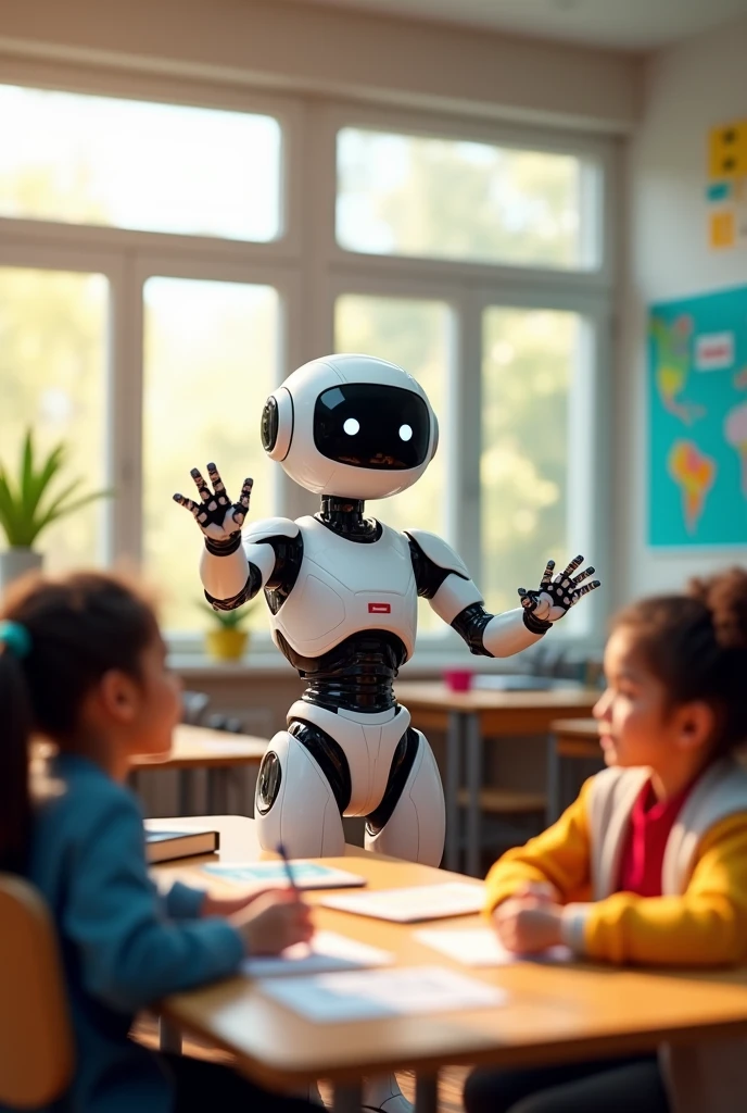 Illustrate a futuristic robot teaching children in a classroom about energy conservation and renewable sources. The background is a modern classroom with solar panels on the roof, and the robot uses interactive holograms to engage the students. The children are attentive and excited.