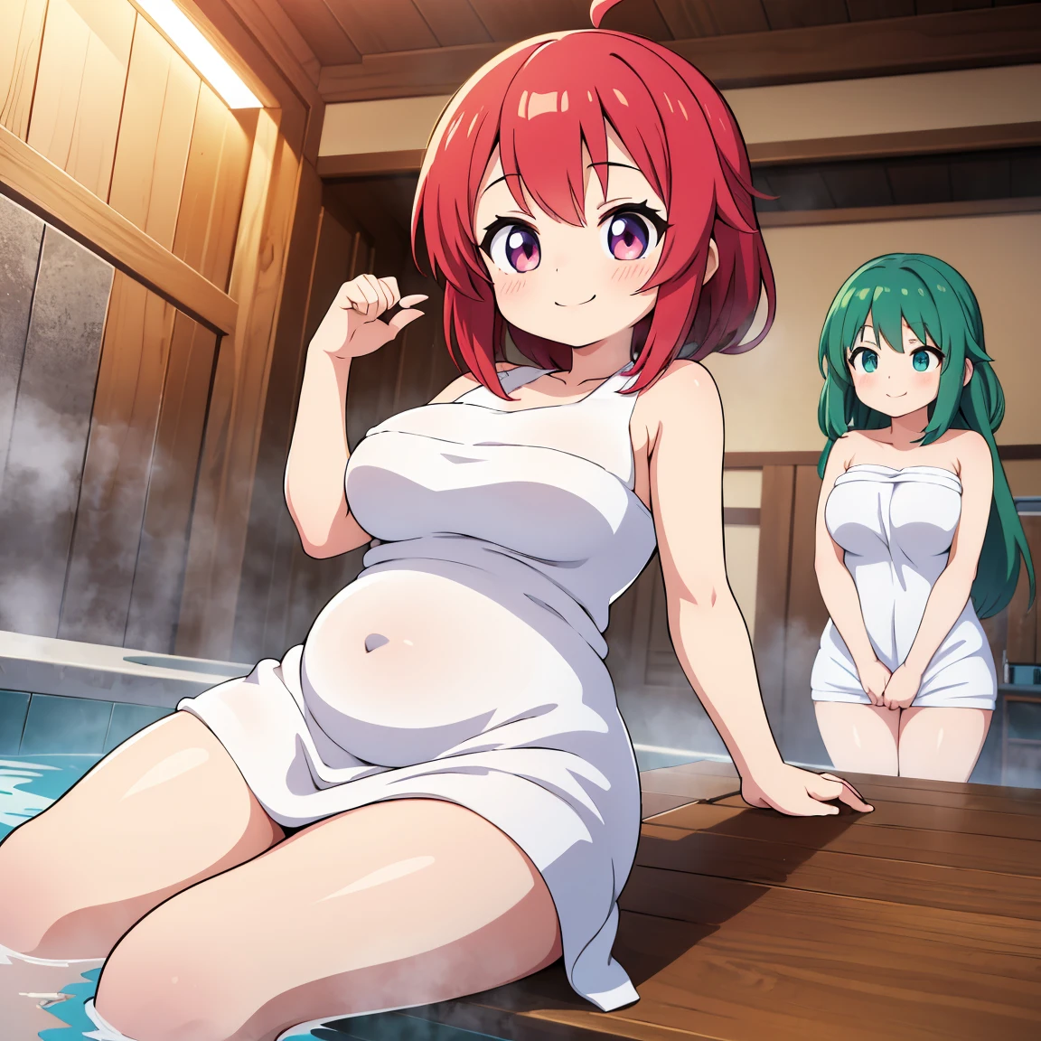 スコア_9, スコア_8_上, スコア_7_上, ソース_アニメ, InuiShinju,wavy licking,fellatio((Nude), Mother and daughter (12 years old: 1.2), Straight, Shirtless, Bathing in a hot spring, Sitting side by side, Smiling,