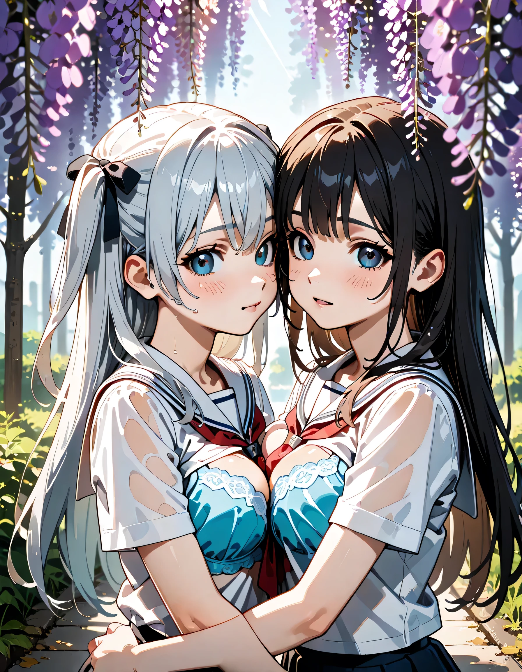 (score_9, score_8_up, score_7_up), source_Anime, absurd_res, white, blue, black, 2girls, duo, upper body, super fine illustration, an extremely delicate and beautiful, best quality, masterpiece, 8K, spring setting, wisteria flowers, gentle breeze, sunlight filtering through trees, BREAK
left girl is(long silver hair:1.3, two side-up:1.2, blue eyes:1.2, hair ribbon with black, ample breasts, white sailor school uniform:1.3, red tie, blue bra underneath see-through the top of the clothes, wet clothes, wet body, ultra-beautiful girl), BREAK
right girl is(long black hair:1.3, half updo:1.3, brown eyes:1.2, wearing glasses:1.3, round eyewear:1.3, round_glasses22A:1.3, hair ribbon with light blue, ample breasts, white sailor school uniform:1.3, red tie, pink bra underneath see-through the top of the clothes, wet clothes, wet body, ultra-beautiful girl), BREAK
fluttering hair, blushing faces, surprised expression, embarrassed reaction, yuri:1.3, soft kiss1.2, face-to-face:1.3 mutual hug:1.3, breast press:1.3, dynamic pose, soft fabric movement, fluttering petals, warm and bright atmosphere, soft lighting, delicate color palette, detailed clothing folds, flowing hair, lively spring vibe, highly detailed rendering, breathtaking composition,