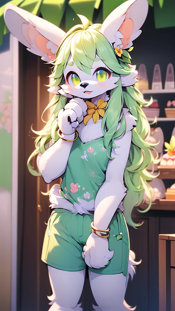 best quality,best resolution,(fluffy anthro furry :1.6),(young :1.6),fox girl,(light green hair), long hair,wavy hair,purple eyes,flat chest,(light green fur :1.6),glasses,white naked apron,luxury bedroom,romantic light,looking at viewer,shy face,heart eyes,heart expression eyes,smile,stand,armpit,side view,open mouth