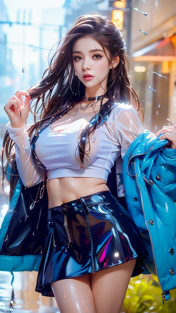 (Masterpiece, realistic, high resolution), (1 girl): 1.2), Chinese, ((black wavy hair): 1.3), (heterochromic eyes: 1.1, thick eyebrows), tie, (white transparent shirt, black transparent sports shorts: 1.3), (medium breasts): 1.3, thighs), outdoor, blue sky and white clouds