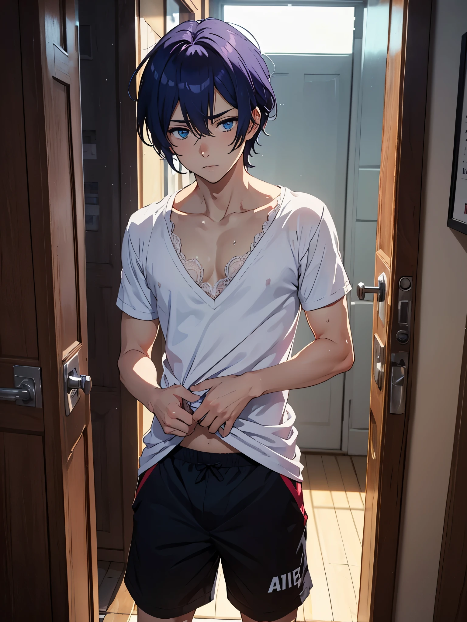 ((work of art)), ((best qualityer)), ((high resolution)), ((fine-details)),1 boy, bland_e20, in this média, underwear clothes, realisitic, class room, NUDE, School, penis, sky, in this