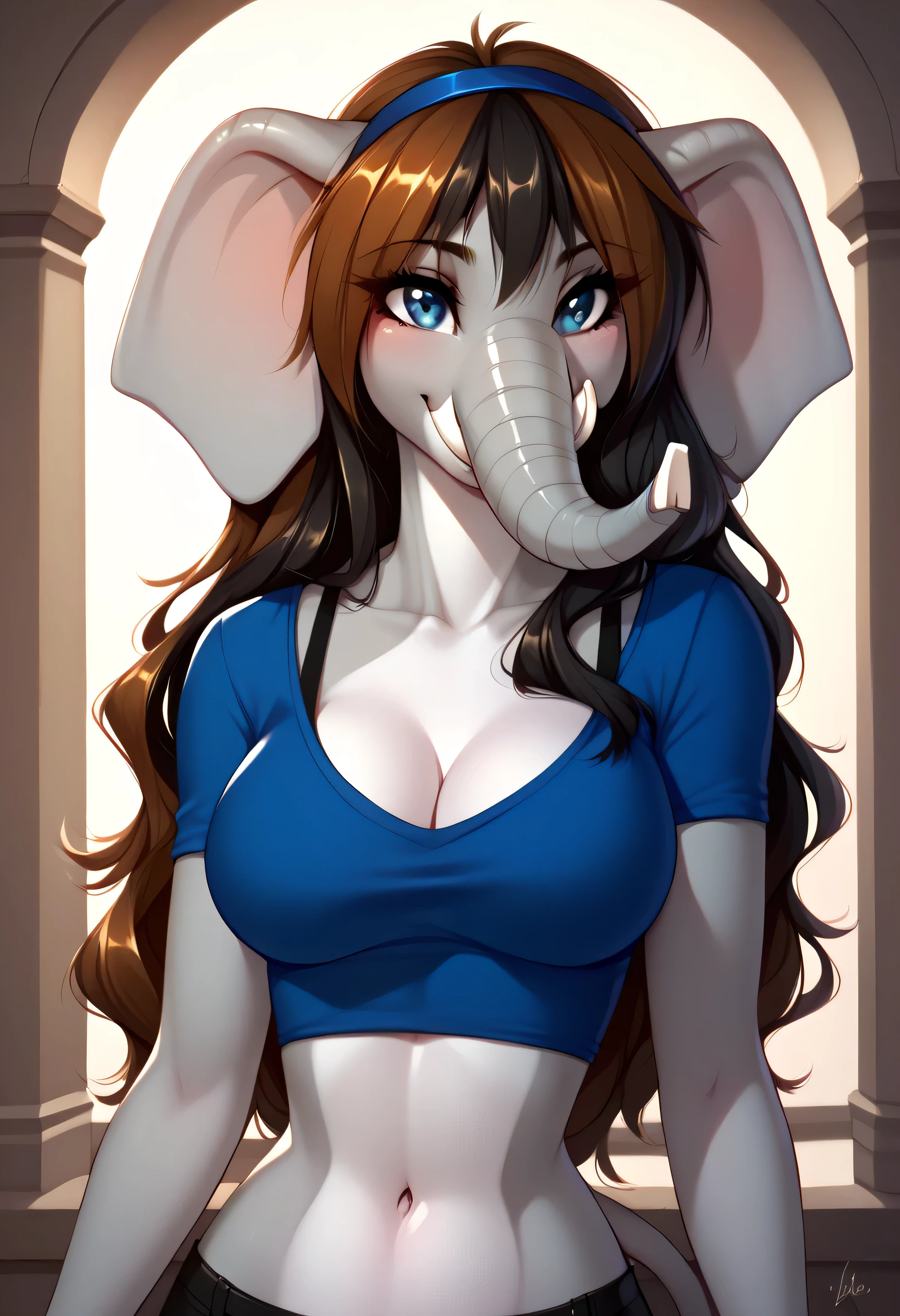 (anthro female elephant:1.2, Danica:1.4), grey skin, black hair, blue eyes,score_9, score_8_up, score_7_up, beautiful aesthetic, very intricate, high quality details, source_cartoon, BREAK 
1girl, solo, portrait, erika_jago  brown hair, long hair, blue hairband, smile, standing  BREAK 
black crop top, short sleeves, cleavage, navel, upper body, slim