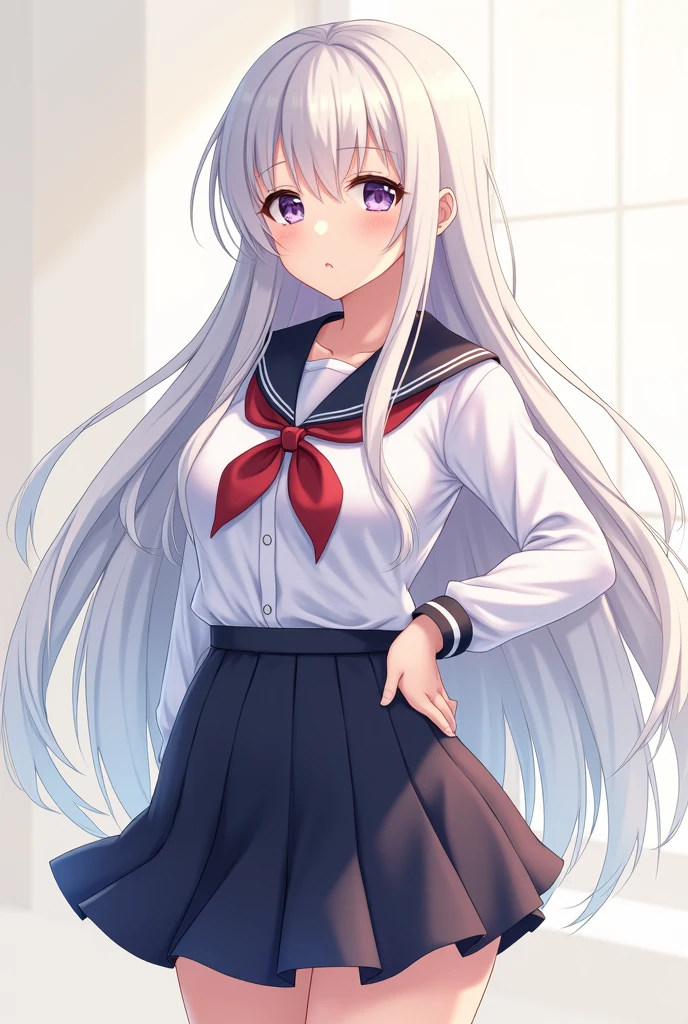 (((masterpiece))), best quality, illustration, ((young teenager)), light white long hair, beautiful detailed red eyes, ((white serafuku)), short sleeve, (((cute))), ((cute face)), solo focus, standing, happy, medium breasts, thick legs, thick thighs, young woman's face