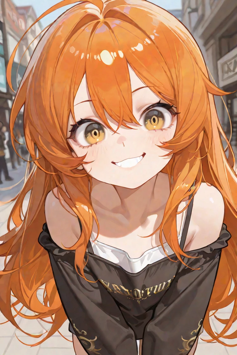 White skinned woman with messy orange hair smiling anime style