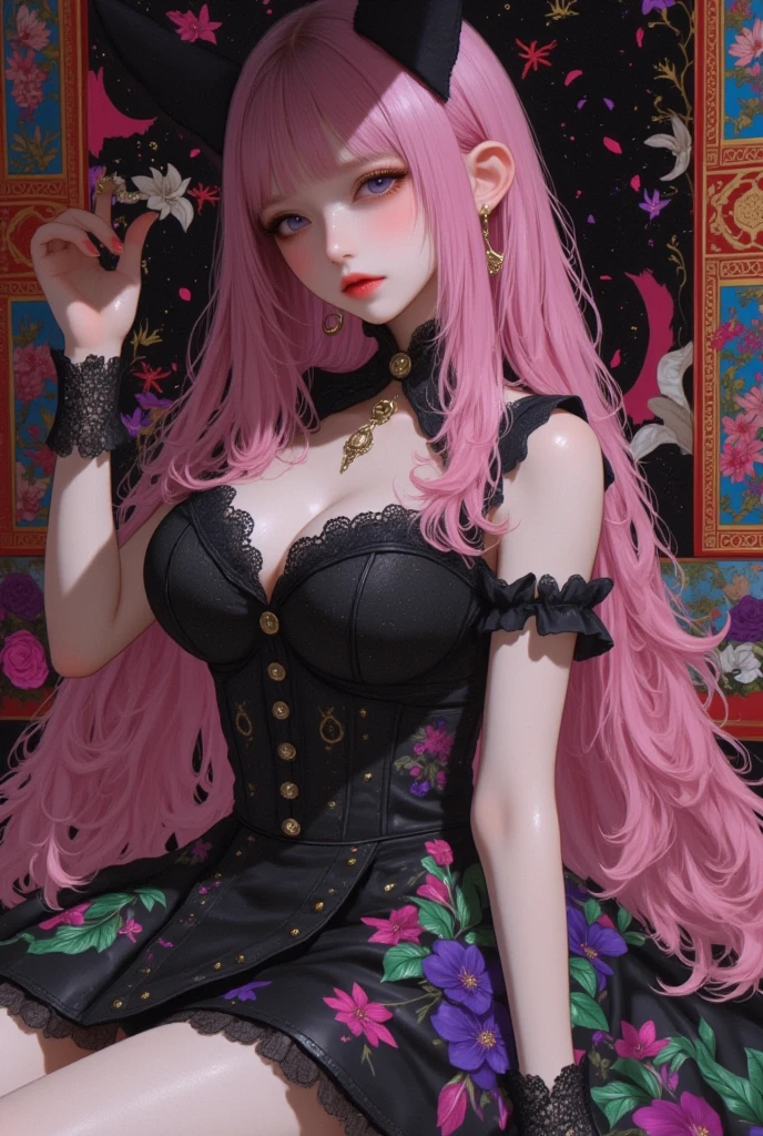 draw a girl with these characteristics.
- Long pink hair - with beautiful breasts - Bright crimson red eyes - Slim body - White skin and very pretty face - Several piercings in the right ear - High black shoes with gold buttons.
-Black dress with provocative gothic style layers - Crown of black and white flowers on the head
