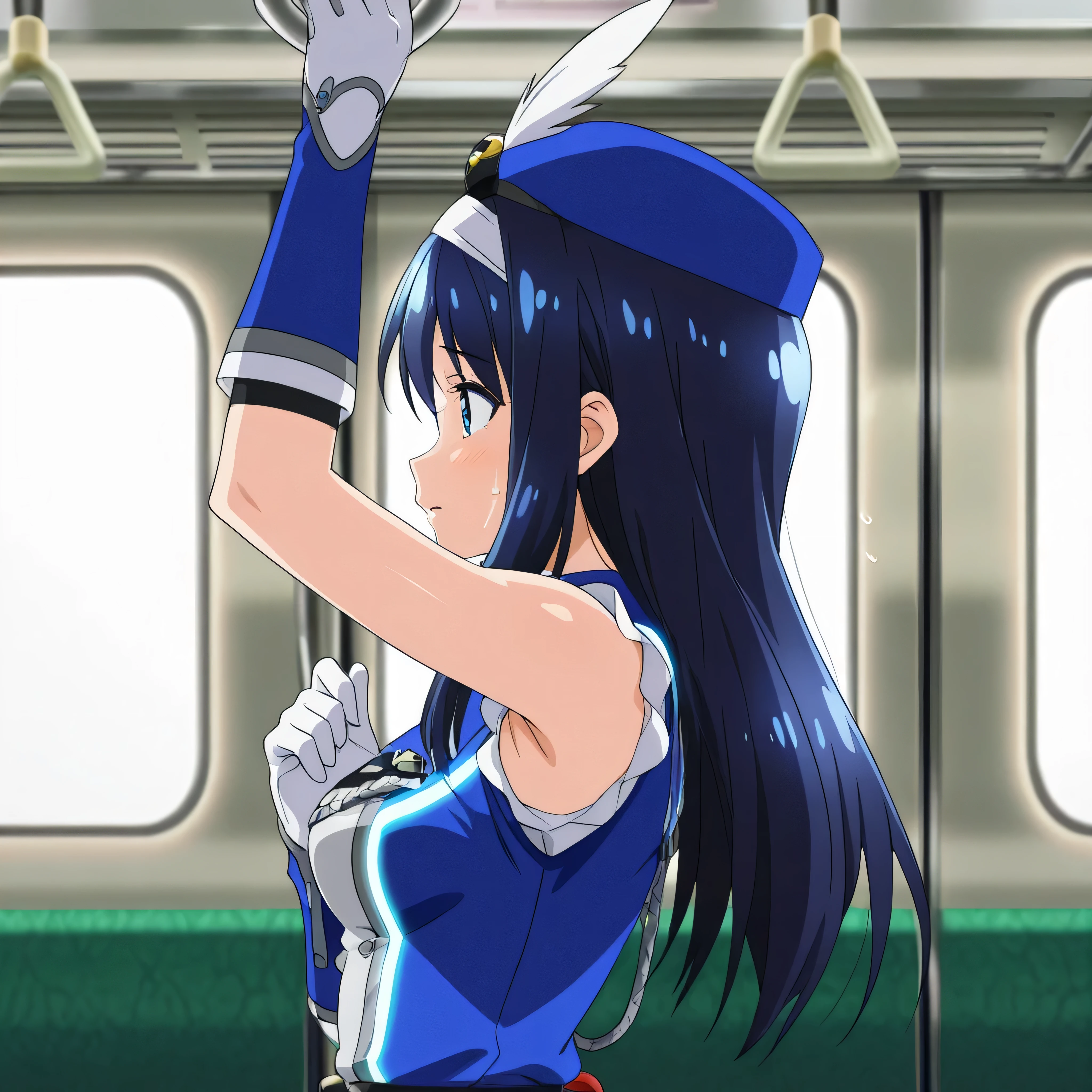 (masterpiece),(absurdres),(high quality), futaba aoi \(vividred operation\),vividred operation,blue hair, palette suit,hat,gloves,knee boots, bike shorts,hat feather, anime source, anime coloring, anime screencap, on train, holding hand grip
right arm up, right hand up,
train interior,indoors,window, standing, 1girl, solo, upper body, close-up, from side, shiny skin, sweat, sweatdrops, scared, armpit peek,
