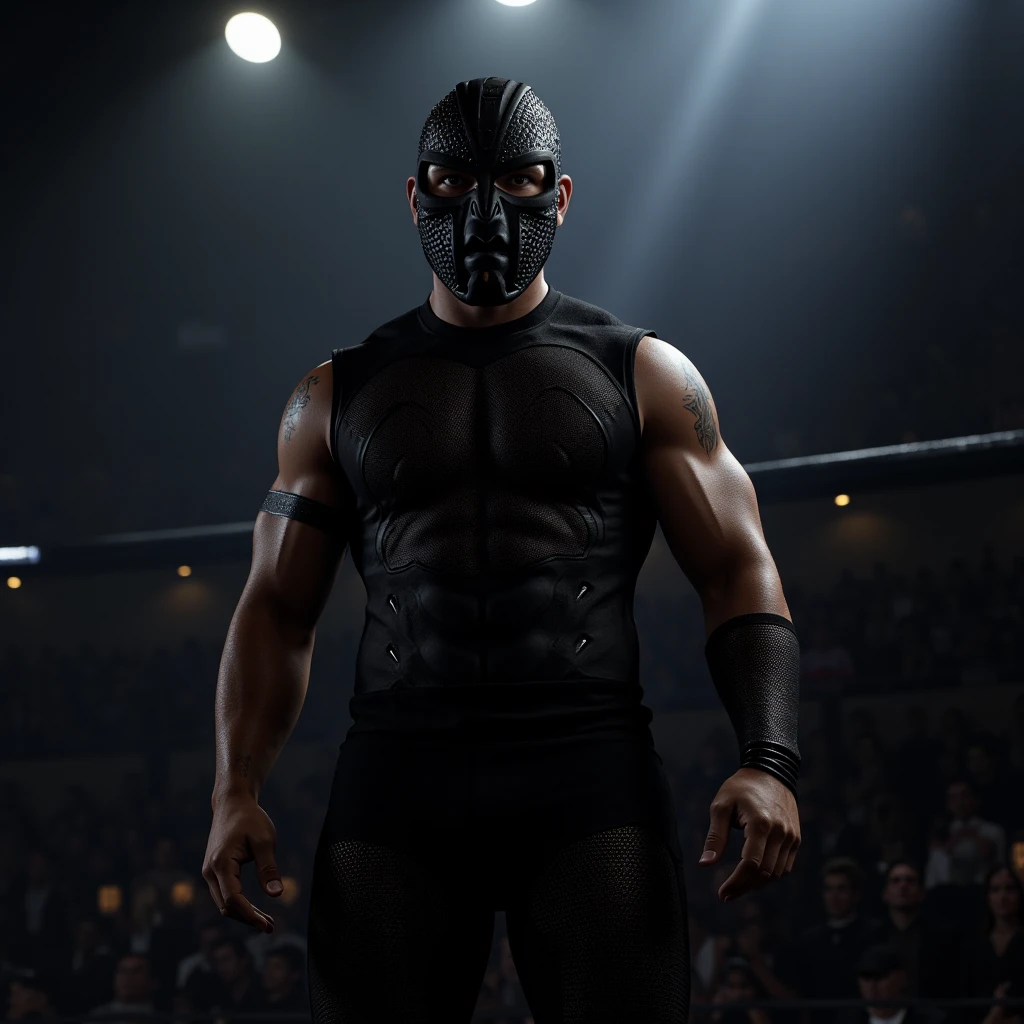 a muscular shirtless masked man standing in a dark room at night, holding a knife, hyperrealistic, highly detailed, dramatic lighting, cinematic composition, moody atmosphere, 8k, unreal engine, award winning photography
