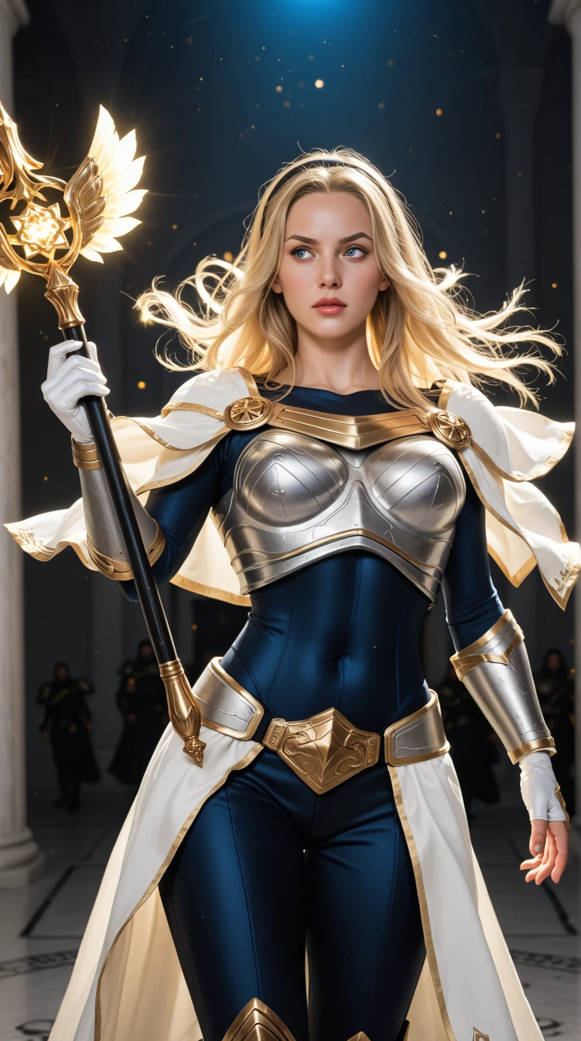 8K,Photorealsitic　Raw photography　top-quality;1.4) 　(1 Mature Saint)　Super beauty fighting(Lifelike face)　Blue and white sacred robe and blue and white trousers　Golden decorations and gauntlets　long blonde hair and blue eyes　A smile　clergyman　Beautiful expression　超A high resolution　A hyper-realistic　real looking skin
