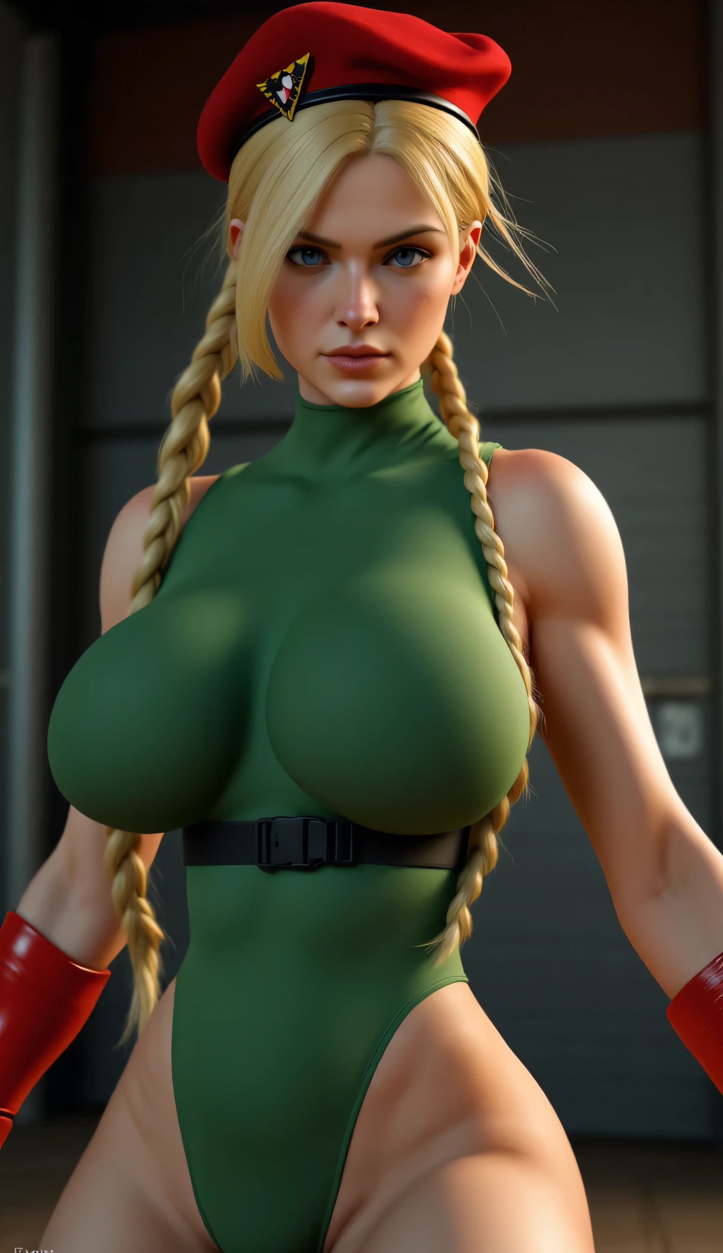 A hyper-realistic digital portrait of Cammy from Street Fighter, shown from the waist up. She is wearing her iconic green leotard and red beret. Her pose is powerful and confident, with a strong and athletic build. Her face shows intense anger — furrowed brows, narrowed piercing blue eyes, and a clenched jaw. Her long blonde braids fall over her shoulders, moving slightly with tension. The image does not show her hands. The lighting is dramatic and cinematic, highlighting her muscular definition, outfit texture, and facial expression. The background is dark and blurred, resembling a gritty street-fighting atmosphere. Style: ultra-realistic, high resolution, cinematic mood, lifelike skin and hair textures.
