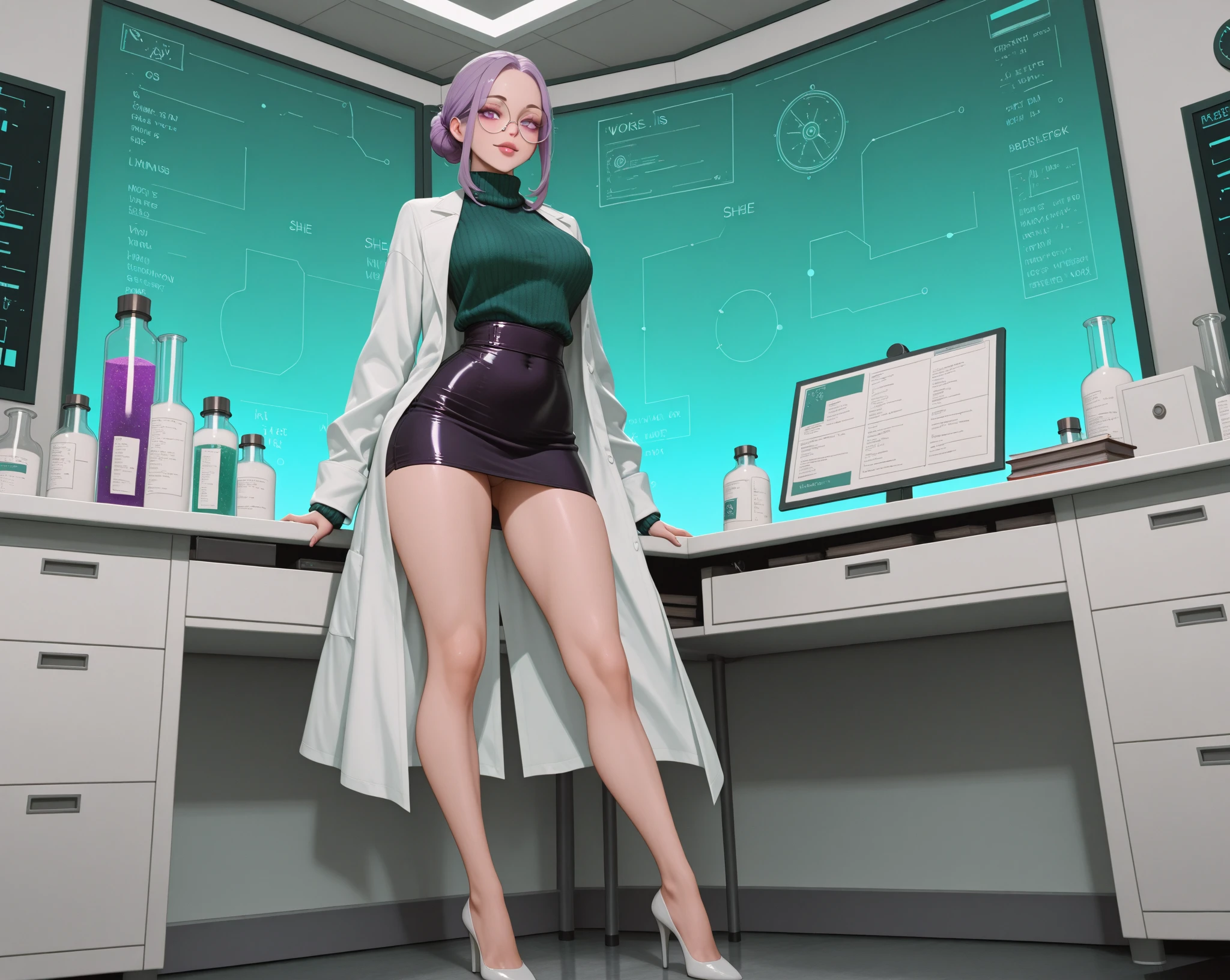 Create a detailed and highly realistic scene depicting a Tech Scientist Beautiful Girl: Valeria, a 25-year-old with short green hair styled in a sleek, professional manner. She has a beautiful, perfect face with a beauty mark, soft skin, and European features, featuring light black and dark shades added. She wears a tight, form-fitting white lab coat with black sleeves and a zipper front, accentuating her hourglass figure with a large bust, large hips, and a slim waist. Valeria has a warm, smiling expression. She stands in a high-tech laboratory, surrounded by advanced scientific equipment and glowing monitors, exuding an aura of intelligence and innovation. The background is sleek and modern, with various lab instruments, test tubes, and computers enhancing her authoritative presence. The entire scene should be in an oil painting style, with an 8k resolution to capture the essence of a masterpiece.