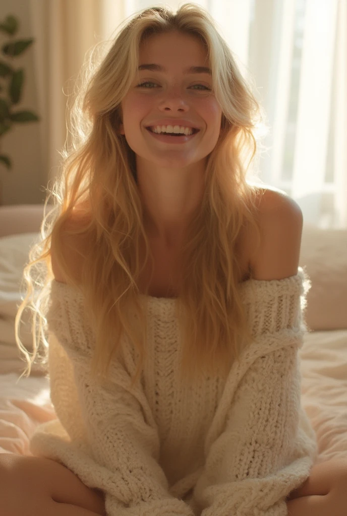 A beautiful 20 year old woman with extra long semi blonde hair kneeling looking up, colorful eyes, loving look at the viewer, full body, with a multi-colored turtleneck sweater, plaid, huge breasts. Slim fitness waist, huge buttocks, thick legs, on a bed.