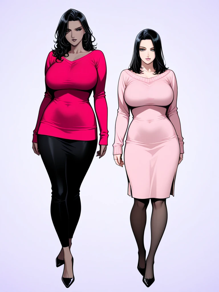 ((character concept art)), ((character design sheet, same character)),(full body view),(adult MILF), Solo, Tall stature, (voluptuous:1.3), (off shoulder sweater), ((( huge fake breasts:7.9 )))