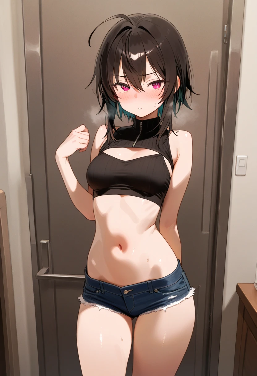 Yukimi, 10., Blunt bangs,Shortcuts,Black Hair,,Flat Chest, Expressionless, shy, whole body, Highest quality, School classroom、Angle from below、stand、Small bra,(Small panties:1.4)、(Masturbation:1.4)、Embarrassing,Hands Behind Back
