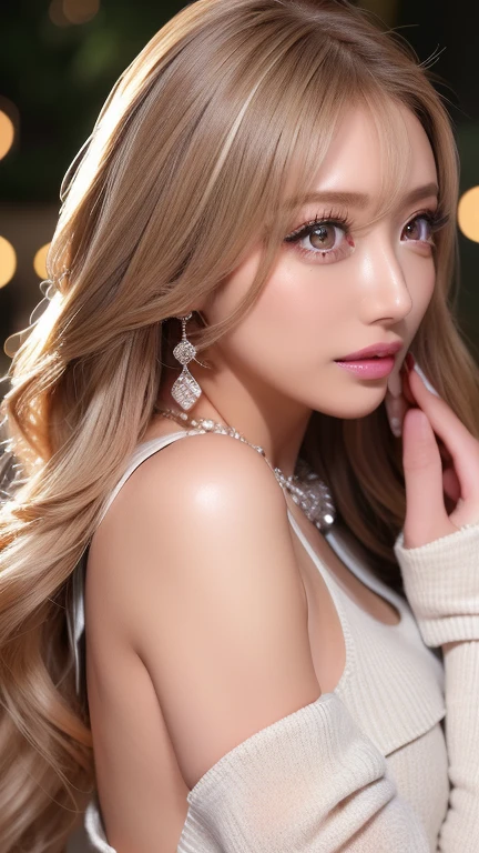 (8K、Raw photo、Highest quality、masterpiece:1.2)、(Realistic、Photorealistic:1.37)、Ultra-detailed、Ultra-high resolution、Beautiful and well-proportioned face,ASİAN,gal,Model, Dark blonde long, galの服装 Lip gloss(Wet lips),Big Breasts,,Sunburned skin,Beautifully detailed skin、Skin Texture、 Professional Lighting、sexly Dark blonde long sexly pose background:In the city Accentuate the cleavage galネイル
