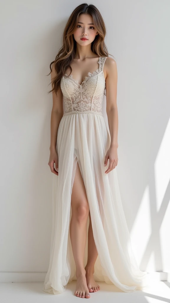 ((Highest quality, 8k, masterpiece: 1.3)), One person, Slender beauty: 1.3, (Long Hair: 1.2), Thin dress, Long legs: 1.1, Very beautiful face, Beautiful Eyes, whole body
