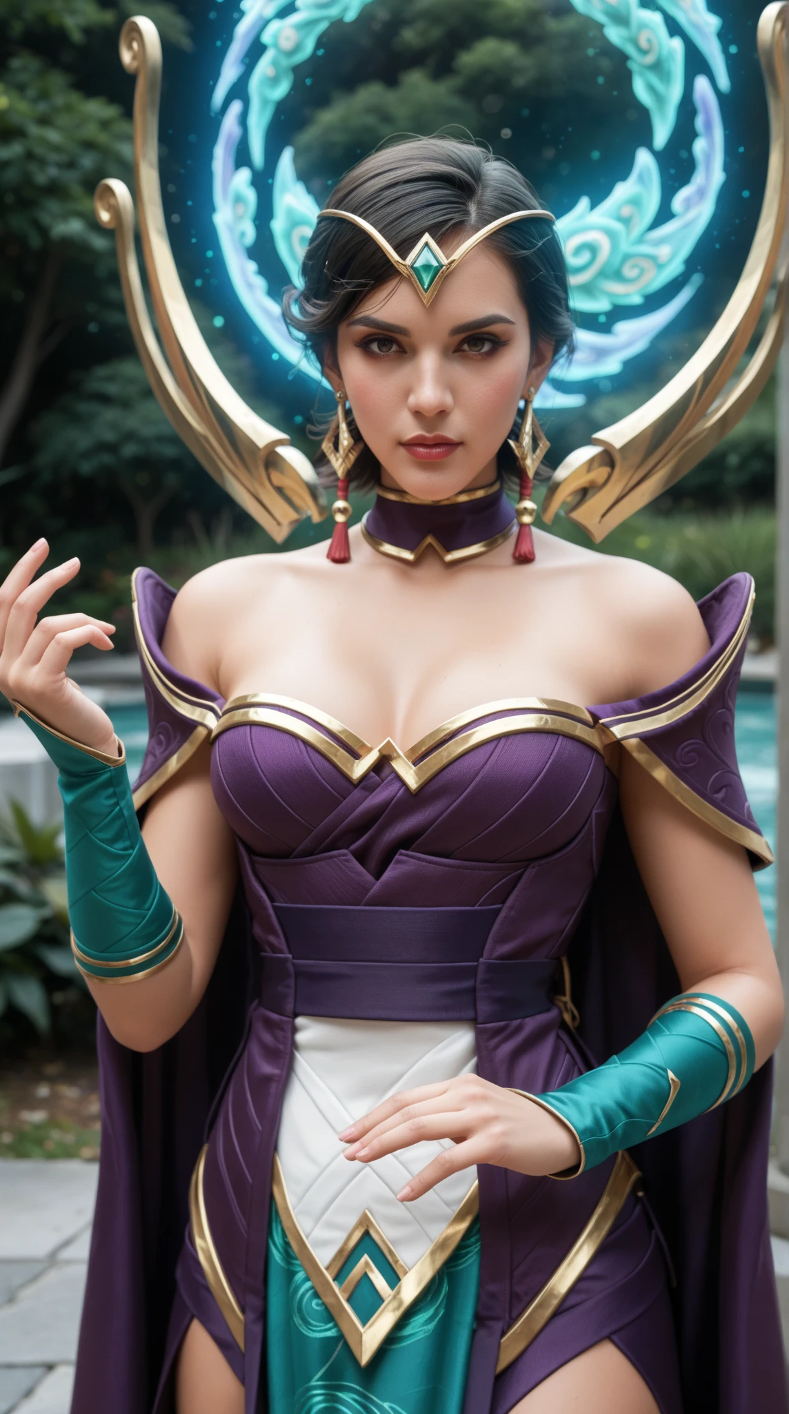 1girl, dark skin, indian, karma \(league of legends\), green eyes, grin, gorgeous, short hair, purple transparent nightgown, makeup, milf, black hair, large breasts, tight body, standing, cowboy shot, jade dragon wings behind back, golden diadem with emerald gem, at ancient temple
