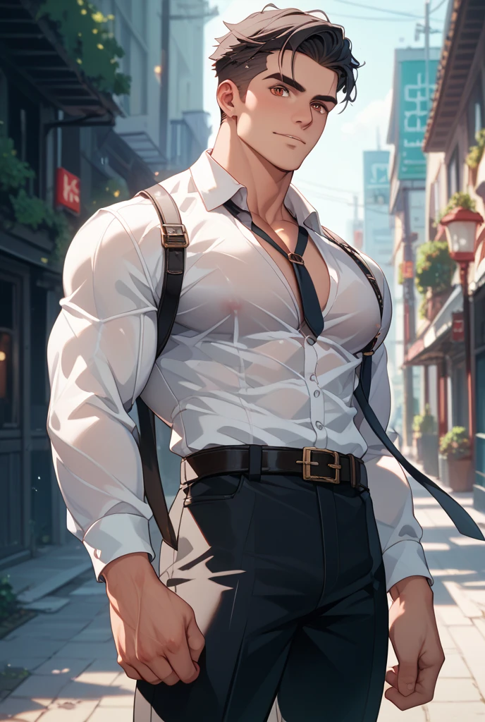 Hot tall muscular male, tall body, sexy body, the man has his hands unbuttoning his white shirt, big pecs