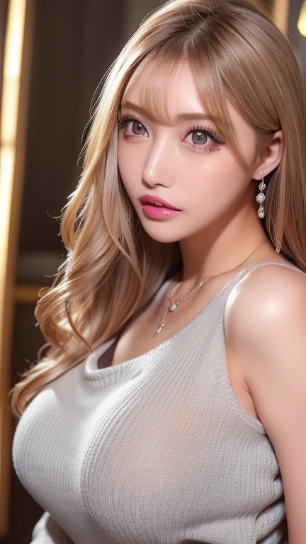 ((Highest quality, 8K, masterpiece :1.3)), Sharp focus :1.2, Beautiful woman with perfect figure :1.4, Slim Abs :1.2, ((Big Breasts, Emphasize cleavage:1.3)), (Photorealistic:1.4), (realistic:1.4), Highly detailed face and skin texture, Fine grain, double eyelid. Makeup face. A little bit of lipstick, Luxury hotel bedroom in the background, necklace, Earrings, sex appeal, Sexy gravure pose, ((A beautiful blonde woman in a pink dress、Smiling and posing sexy on a cafe terrace in spring。:1.3)