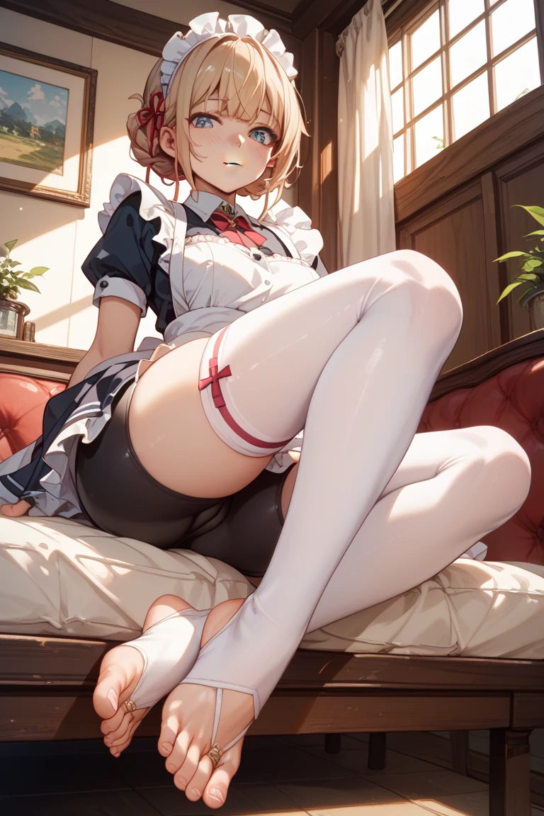 masterpiece、Highest quality、Highest quality, (Long, slender legs, shoes:1.2), (squat, Spread your legs), 1 girl, (smile、Open your mouth大笑い:1.2), Cute eyes, (Detailed face:1.3)、Open your mouth, The whole face turns red, alone, Oversized breasts, Big and ample breasts, (Straight bangs, Bobcut), (White maid outfit:1.2)、(Nipples、Ultra-micro bikini that only covers the bust digs into the skin:1.2)、Side bust、Underbust、belly button、Walking through the mansion'corridor、Browsing Caution、shoes下