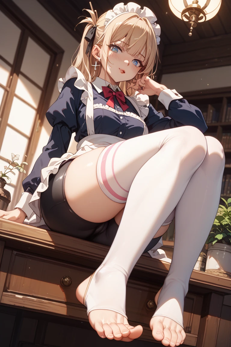 1girl, solo, long hair, breasts, looking at viewer, blush, smile, bangs, skirt, blonde hair, brown hair, shirt, thighhighs, long sleeves, bow, brown eyes, sitting, closed mouth, , jacket, full body, white shirt, braid, thighs, pleated skirt, collared shirt, indoors, bowtie, red bow, feet, white thighhighs, lips, legs, parted bangs, plaid, toes, plaid skirt, no shoes, blazer, blue jacket, red bowtie, knees up, on floor, chalkboard, asuna \(sao\)
