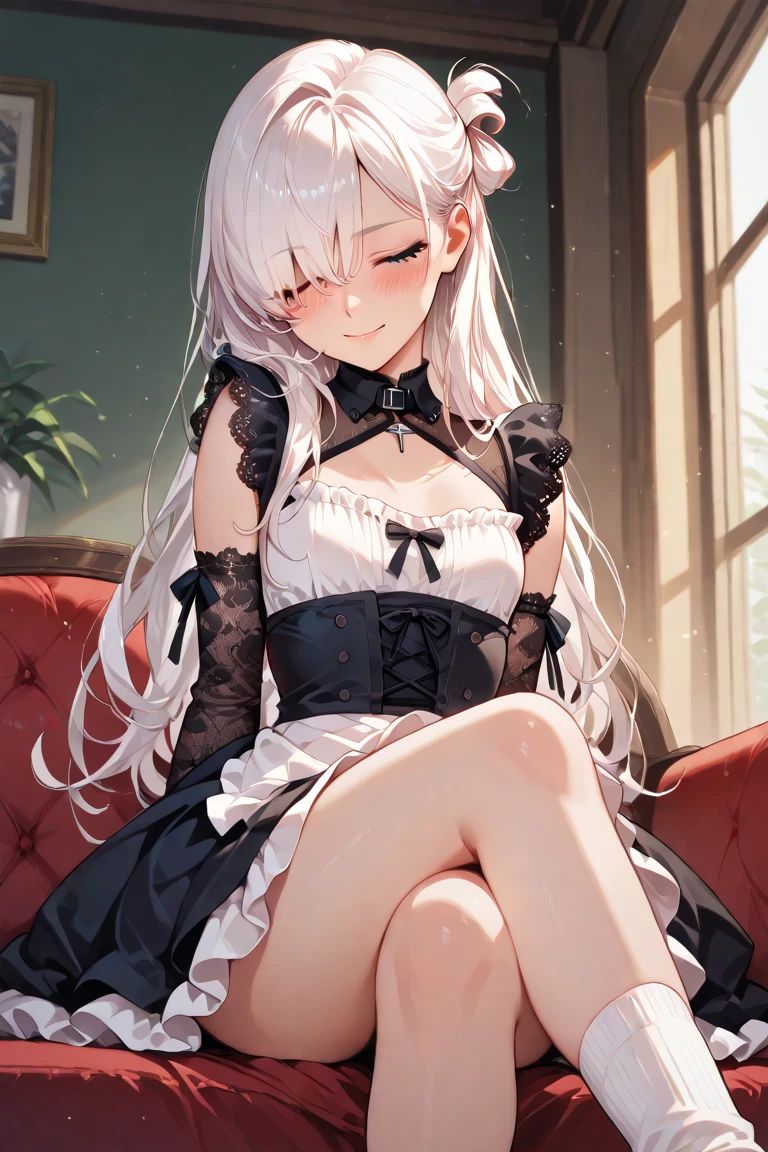 (((masterpiece))),best quality, extremely detailed CG unity 8k, illustration, contour deepening beautiful detailed glow,(beautiful detailed eyes), High level of image quality、top-quality、Detailed diagram、Reddening cheeks、slim adult beauty、Maids wear、petty eyes、Knee-length、stocklings、B cup,silvery white hair,double tails,Gray-black pupils,Pupil highlights,Shoulders bare,Quiet and spacious study,Potted greenery,Maid with leg rings,(Panties are visible:1.5),white panties,Lift the hem,NSFW