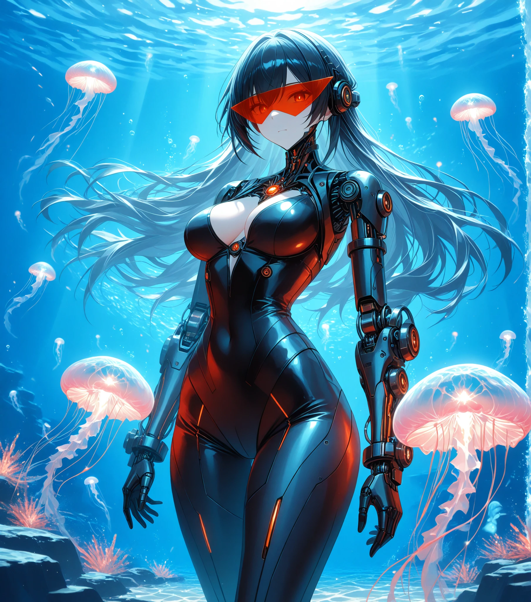 (Masterpiece 1.3, Highest quality, Highest Resolution, Official Art, Overwhelmingly beautiful: 1.2), Very detailed, colorful, (Very detailedな: 1.1), (Very detailedなCGイラスト), ((Very delicate and beautiful) ), Cinematic Light, Cultivation tank, Place the culture tank in the aquarium,(1 girl), alone, Long hair floating, (Underwater:1.2), bubble, (Mechanical bodysuit:1.3), anklet, Freediving, (whole body: 1.1), Mechanical joint, Tube blood vessels connected to the back, Countless cables,Metal body、Suspension jointuscles and metal mechanical vertebrae attached to the back, A mechanical neck attached to the neck, Expressionless, Wires and cables attached to the neck, Wires and cables in the head, bolt, pipe, (Character Focus:1.3), sf
