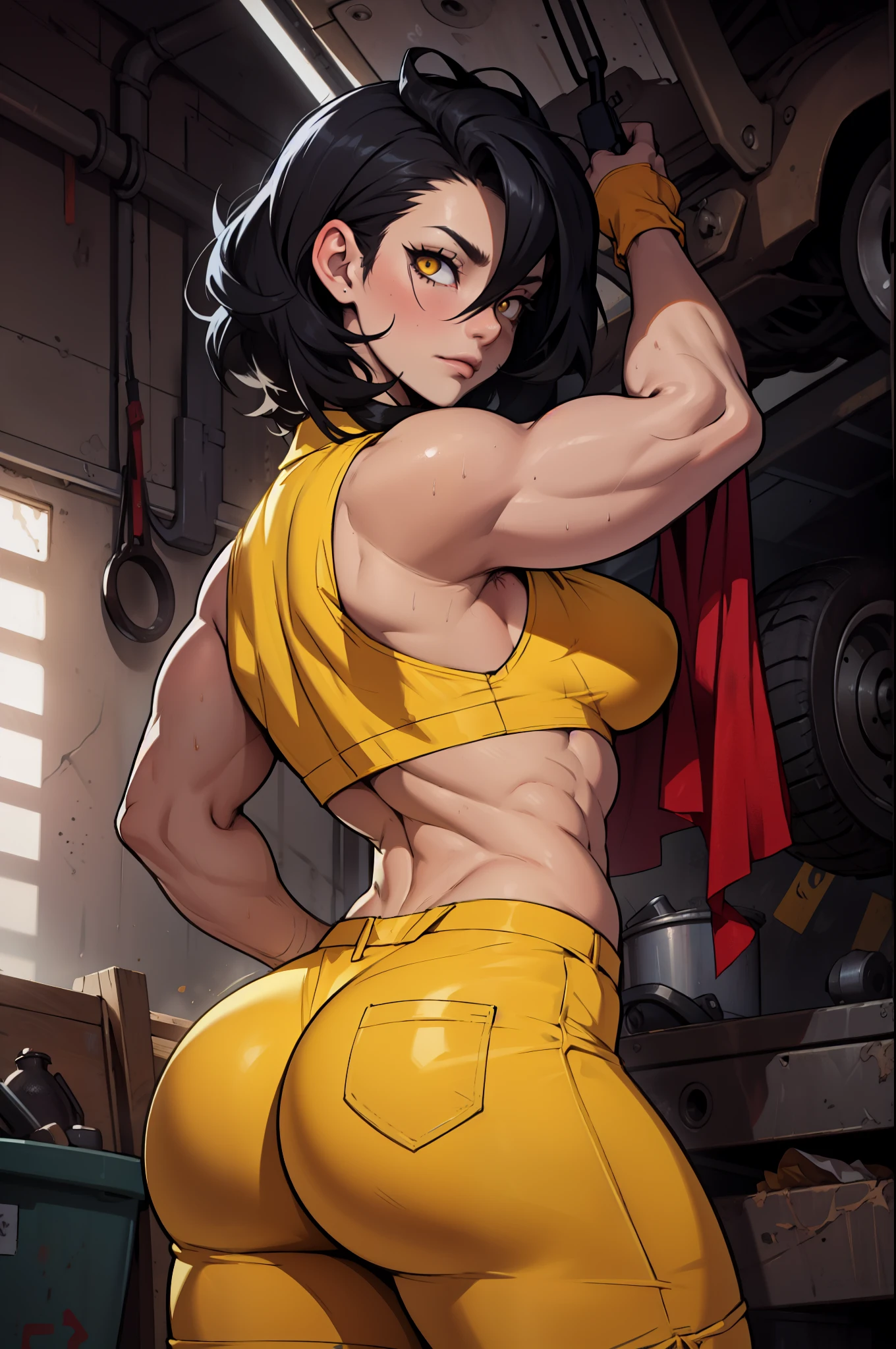 young girl, Pullover, whole body to see, short hair, (( very wide hips)), (((colossal Thighs, gigantic thighs, very huge thighs, very big thighs))), fullbody, naked, nude, nipple pasties, very short skirt, angry smile, holding gun, Battle, ponytail hair, big smile showing teeth, exited, Fishnets stockings, freckles, sleveless, shoulderless, tanned, brown skin, muscular girl, Fit girl, ABS, topless, school skirt,