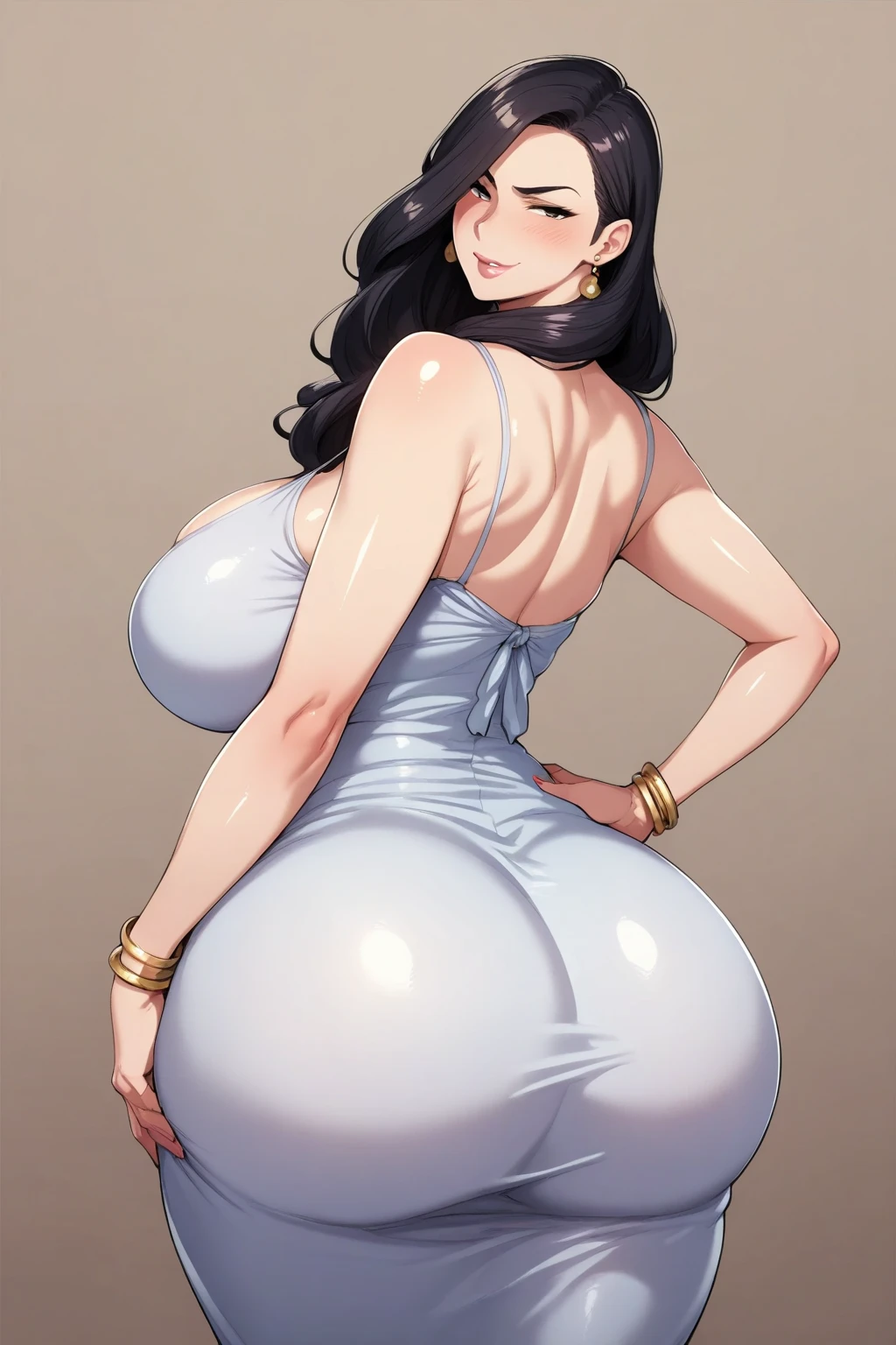 traje fio dental, mulher madura de 50 anos, Bunda larga e enorme, estilo cachorrinho, look back, olhar para o espectador, sedutora, peitos enormes