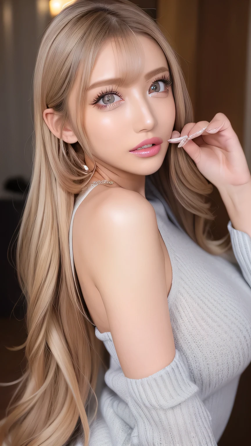 ( cowboy shooting 、 top quality 、8k、 Award-winning work 、 super high definition )、 beautiful woman under hoodie、( I'm showing off my perfect body with my Virgin Killer sweater , SeXy Breasts:1.1)、 Beautiful shiny lips , Shine Glitter Lip Gloss、Metallic Lip、 feminine glamorous body , ( virgin killer sweaters :1.3),(( gray turtleneck sleeveless dress 、 G cup bust 、 chest tank top visible from the side ,Perfect big 、( blond with a big face:1.1)、 Brilliant Color Contact Lenses 、 Perfect Gal Makeup、 Shine 、 SeXy lips in duck mouth、Shine Glitter Lip Gloss、Metallic Lip、( dark makeup for women with 5 fingers :1.2)、( dark brown beige eye circus reference seen from the cuffs :1.1)、 Beautiful bright eyeshadow 、 dark makeup 、( big breasts:1.2)、 Very Long Wavy Hair 、(Romantic affection:1.1)、 、( many women emphasize body lines ....:1.1)、( strongly blurry 、 Vividly eXpresses the luXury hotel pond at night :1.1)、( strongly blurry background:1.1)、 accurate anatomy 、 ultra hd hair、( super high definition perfect beautiful teeth:1.1)、 super high definitionの美しい顔 、 ultra hd hair、 crystal clear bang 、Ultra HD Shining Eyes、Shining super high definition beautiful skin 、 super high definition glossy lips 、 includes Harry Winston necklace